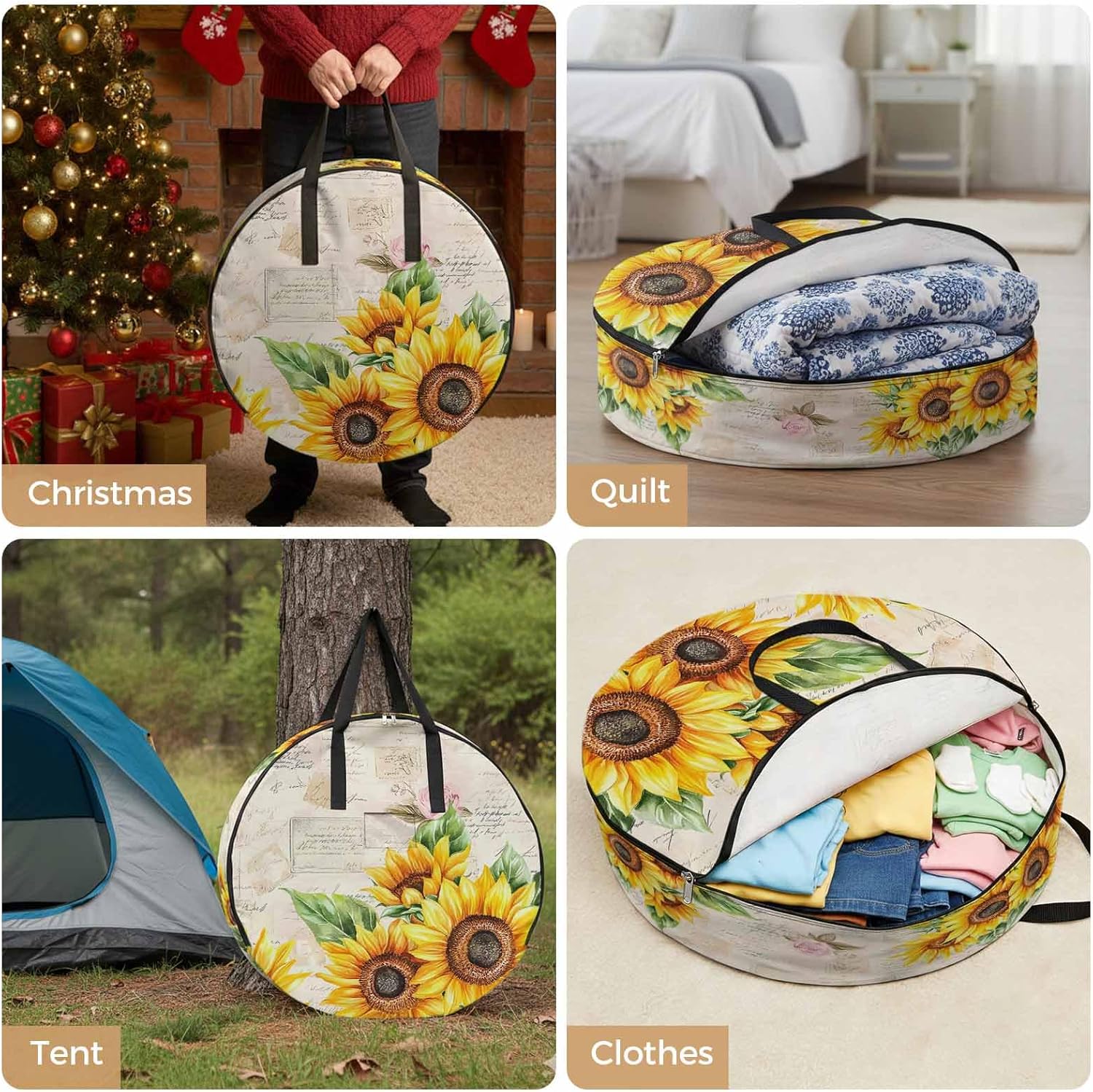 Rustic Sunflower Round Storage Bag 36 Inch, Country Floral Pastoral Retro Letter Texture Clothes Storage Container with Handles Heavy Duty Organizer for Comforter, Bedding & Holiday Wreaths