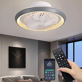 Ceiling Fan Silent 360° Rotation Grey 49 cm with Remote Control/APP, Reversible Dimmable Timer Ceiling Fan with Chandelier, 6 Speeds 72 W