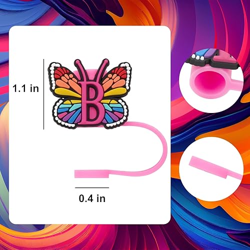 Miniatura 7 de Funda de popote de silicona para copa Stanley, cubierta de popote con letra inicial, hermoso estilo de mariposa, compatible con vaso Stanley de 40 y