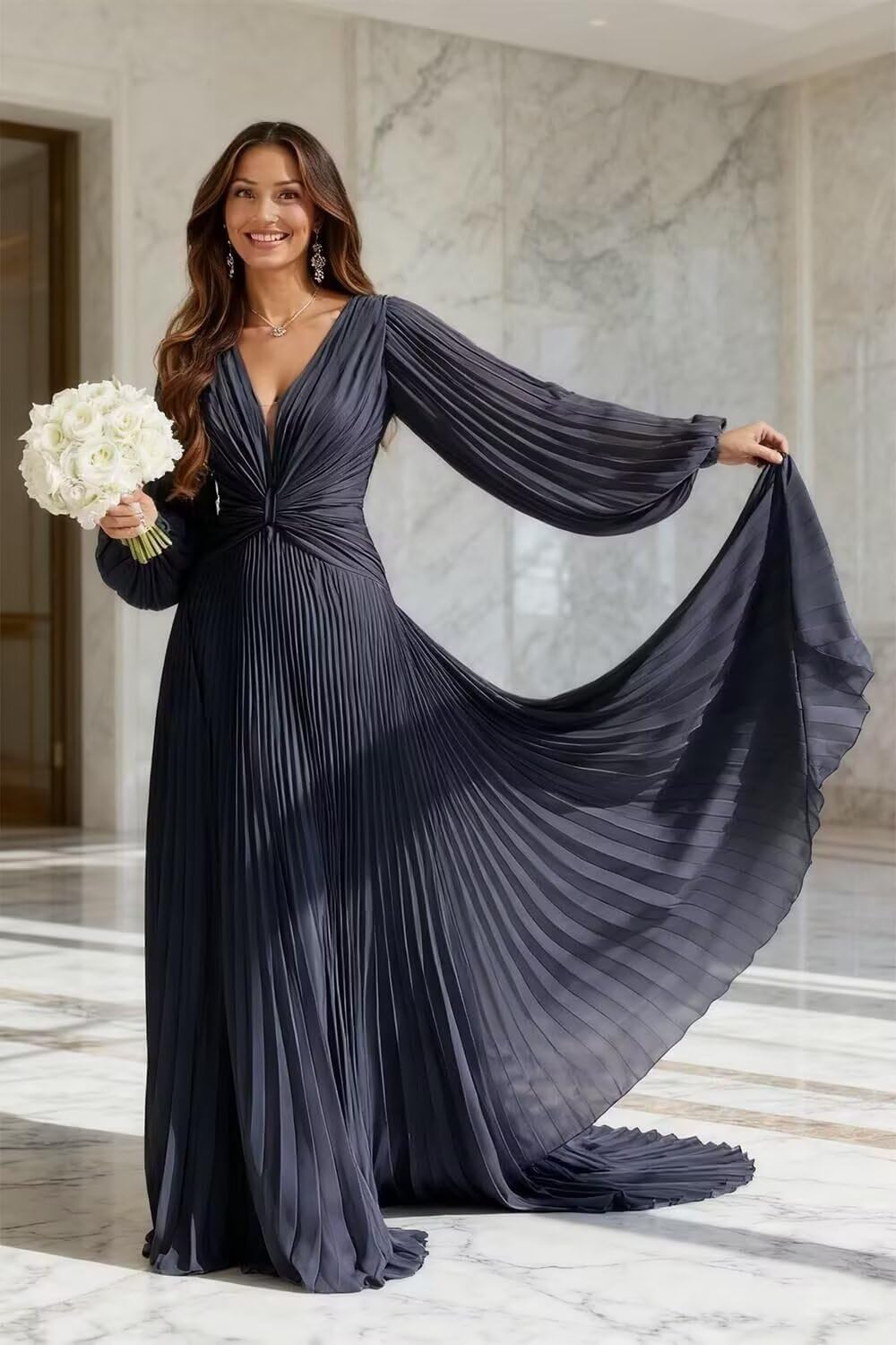 AKLASU Long Sleeves Bridesmaid Dresses with Pleated V-Neck Chiffon Bridesmaid Dresses for Women Long Formal Evening Gowns - Image 3