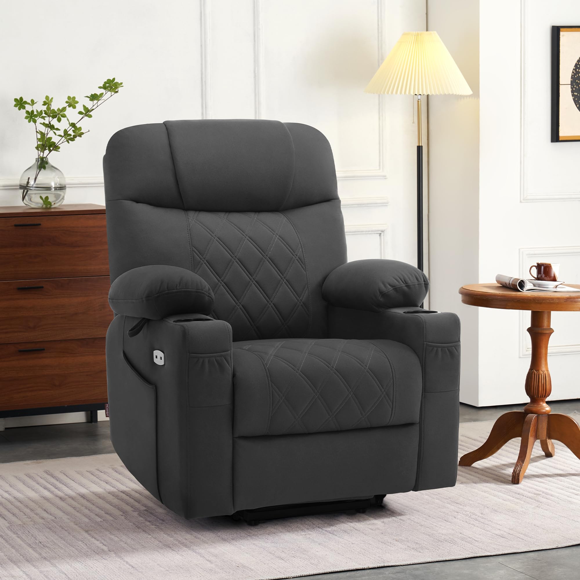 M MCombo Sillón eléctrico con ayuda para levantarse con 2 motores, respaldo y reposapiés ajustables por separado, sillón relax con función reclinable eléctrica 7501 (tejido de microfibra, gris oscuro)