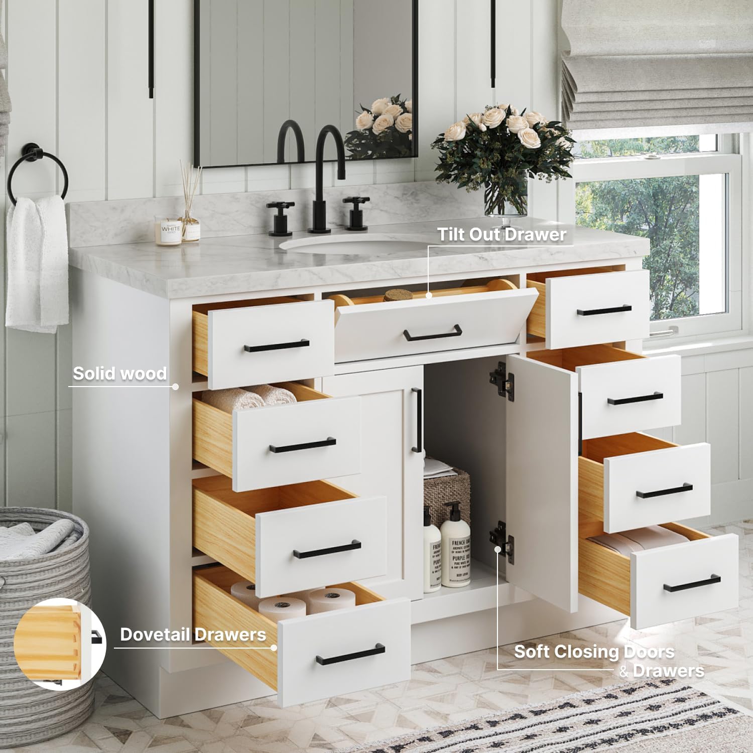 ARIEL Hepburn 48-inch Bathroom Vanity with Sink,Solid Wood, 1.5-inch Italian Carrara Marble Countertop & Backsplash, Single Oval Porcelain Sink, 2 Soft Closing Doors, 9 Dovetail Drawers, White