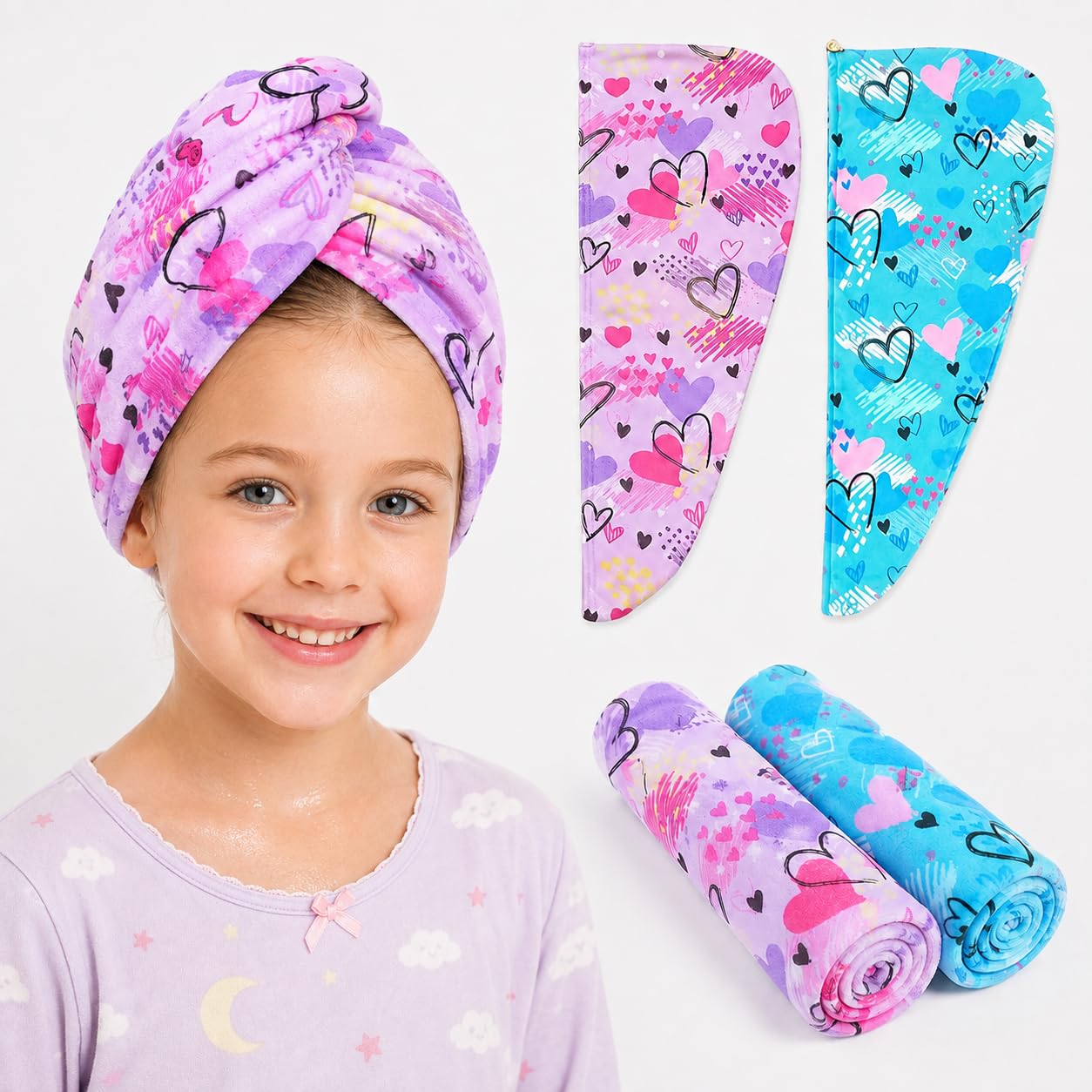 2 Pack Kids Hair Towel Wrap for Girls, Microfibre Quick Dry Hair Turbans