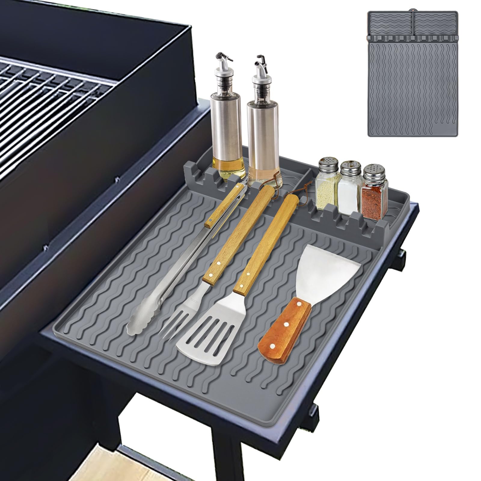 Silicone Grill Mat Silicone Griddle Tools Mat with Drip Pad,Side Shelf Mat Grill Pad for Outdoor Grill Kitchen Counter,Silicone Spatula Mat Blackstone Griddle Accessorie for Cooking&Grilling(Gray)