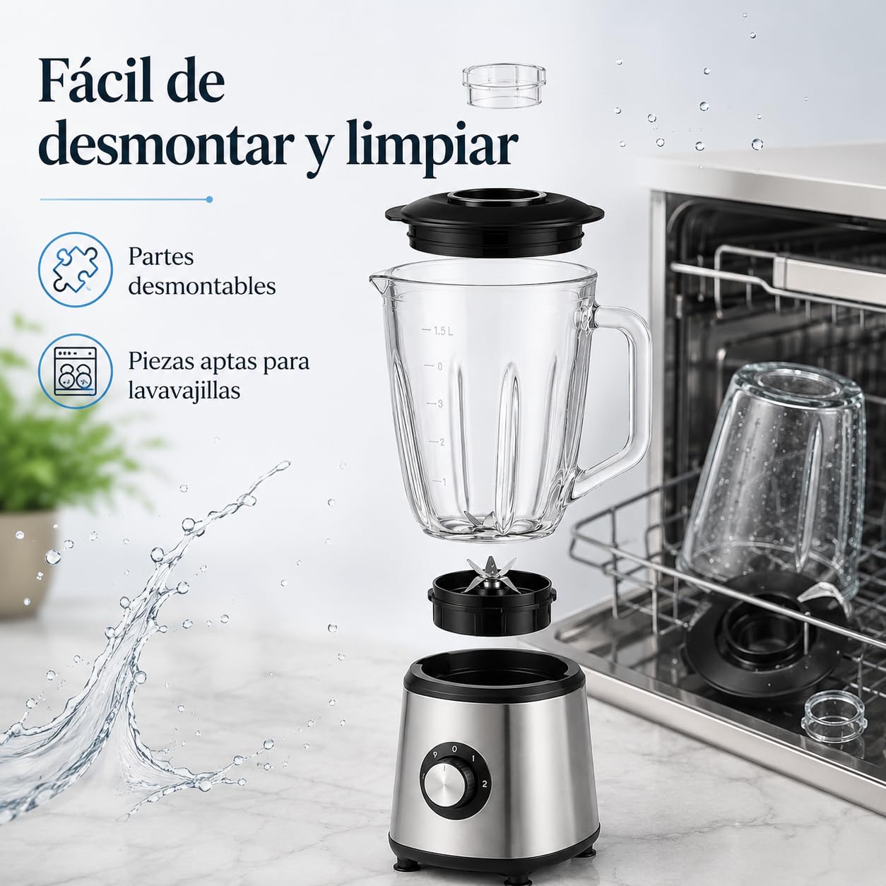 Batidora de Vaso 1500W, Jarra Cristal 1,5L y 6 Cuchillas de Titanio | 2 velocidades + Pulse, base de acero inoxidable y piezas aptas lavavajillas