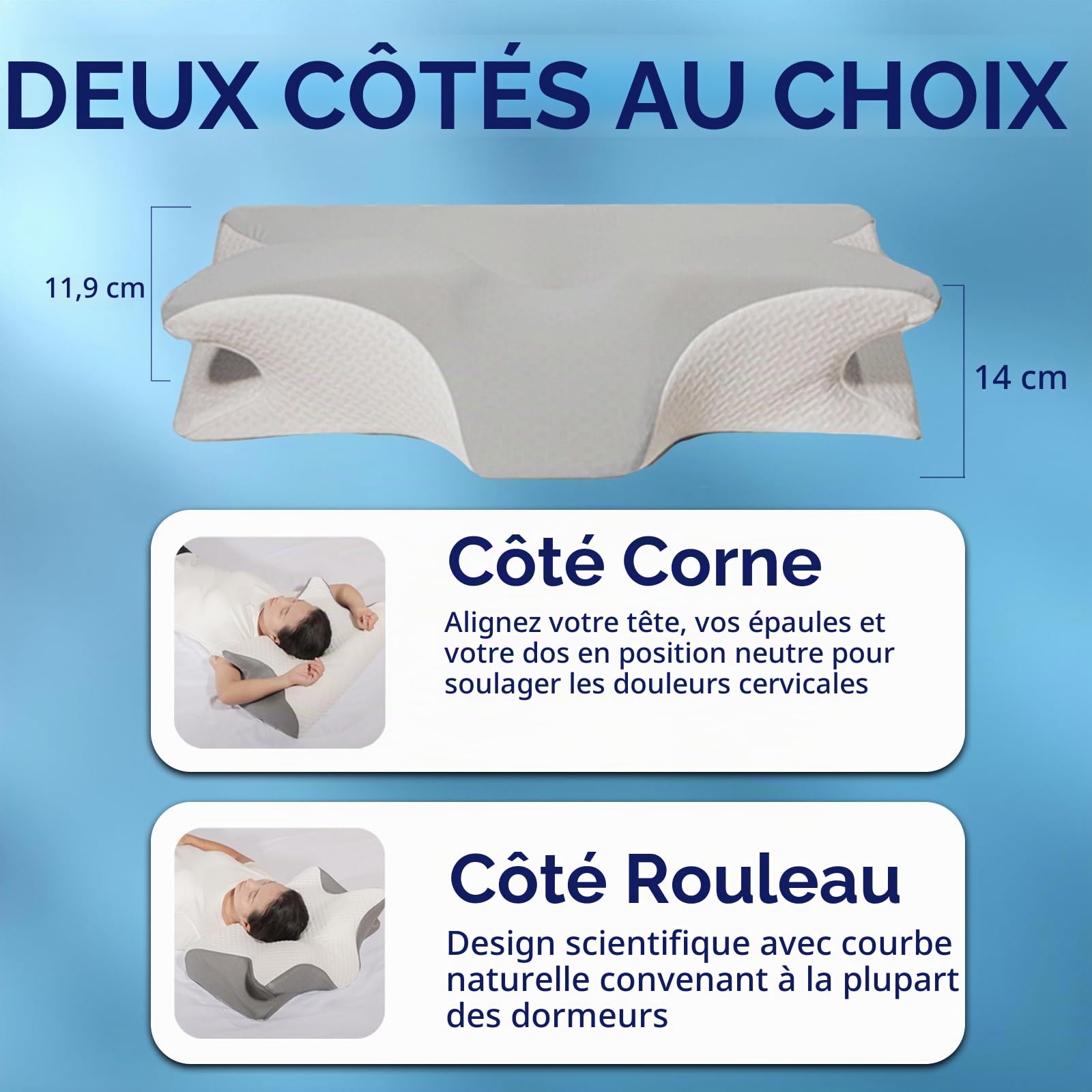 Cervi-Zen Oreiller Ergonomique Mousse Mémoire Conçu pour Soutien Cou Dorsal et Latéral，Grey