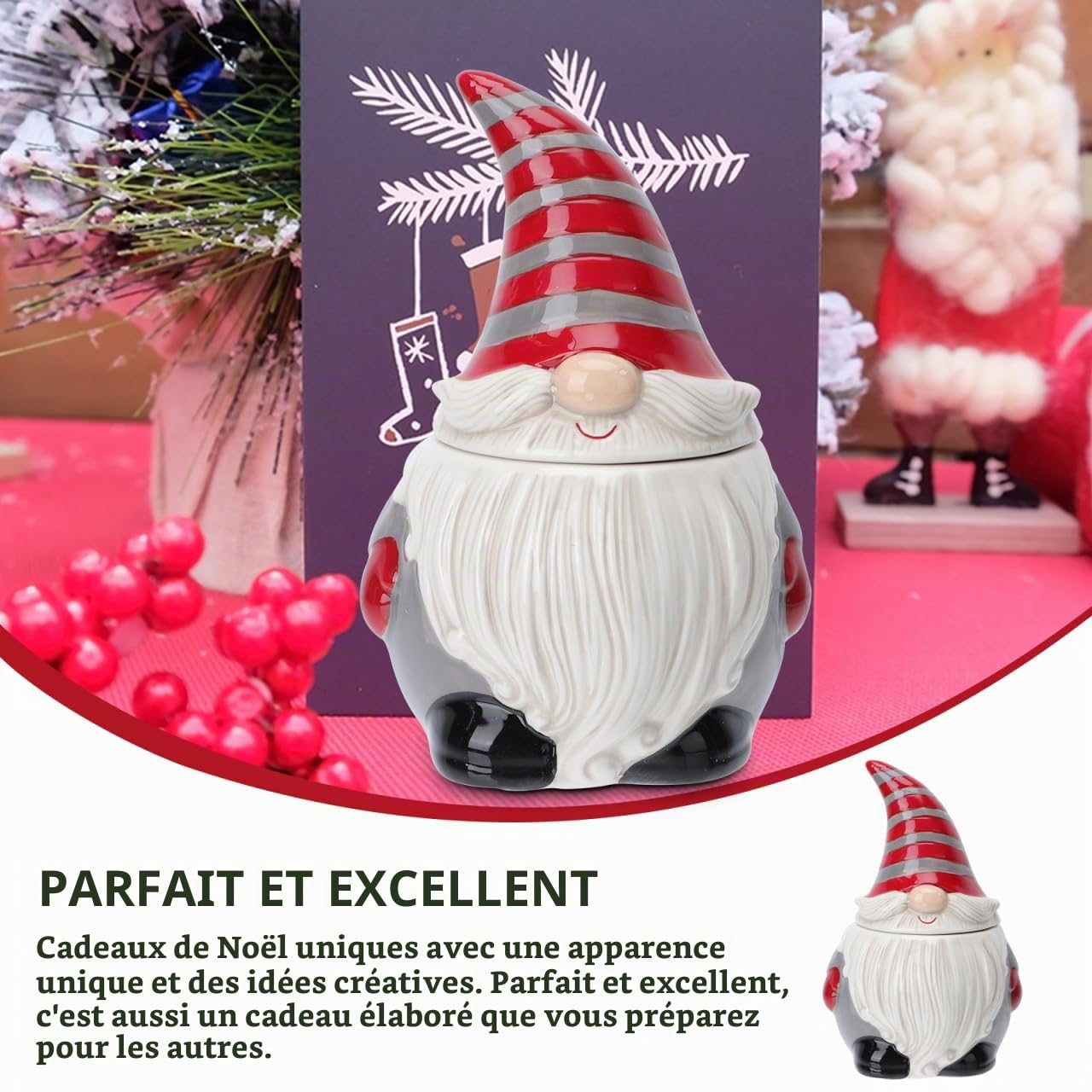 Angoily Pot À Biscuits De NoëL En CéRamique Avec Couvercle Gnome BoîTe À Bonbons Conteneur De Stockage Cadeaux De NoëL DéCoration Maison Pot De Stockage PèRe RéSistant À L'Humidité Pour Biscuits