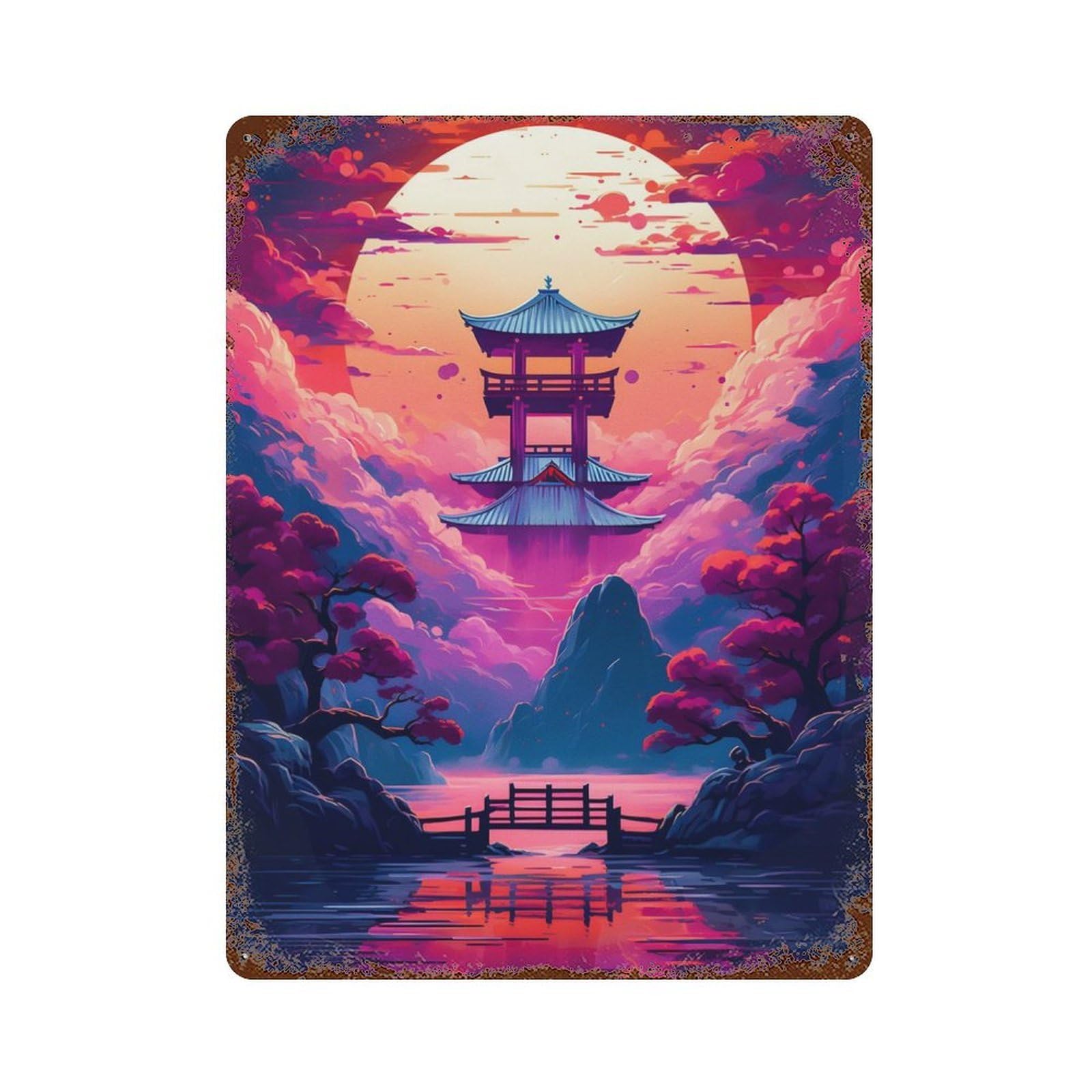 Colorful Painting Japanese Vintage Wall Sign 15.7"x11.8", Rust Effect Metal Decor for Farmhouse, Kitchen And Entryway Decor