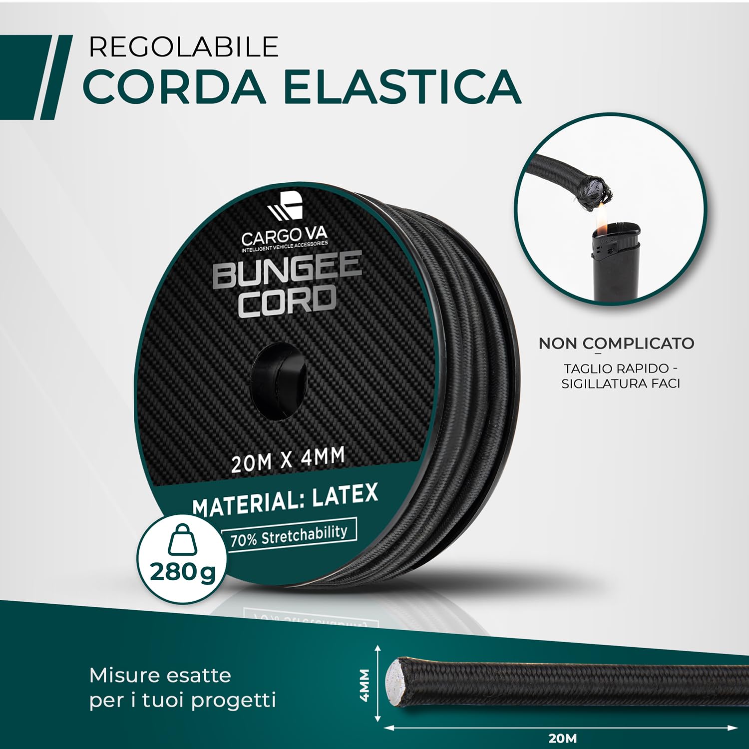 CargoVA - Corda elastica 4mm 20m nera - Corda espandibile 70% elasticità - Corda resistente per rimorchi, vele parasole, teli ecc.