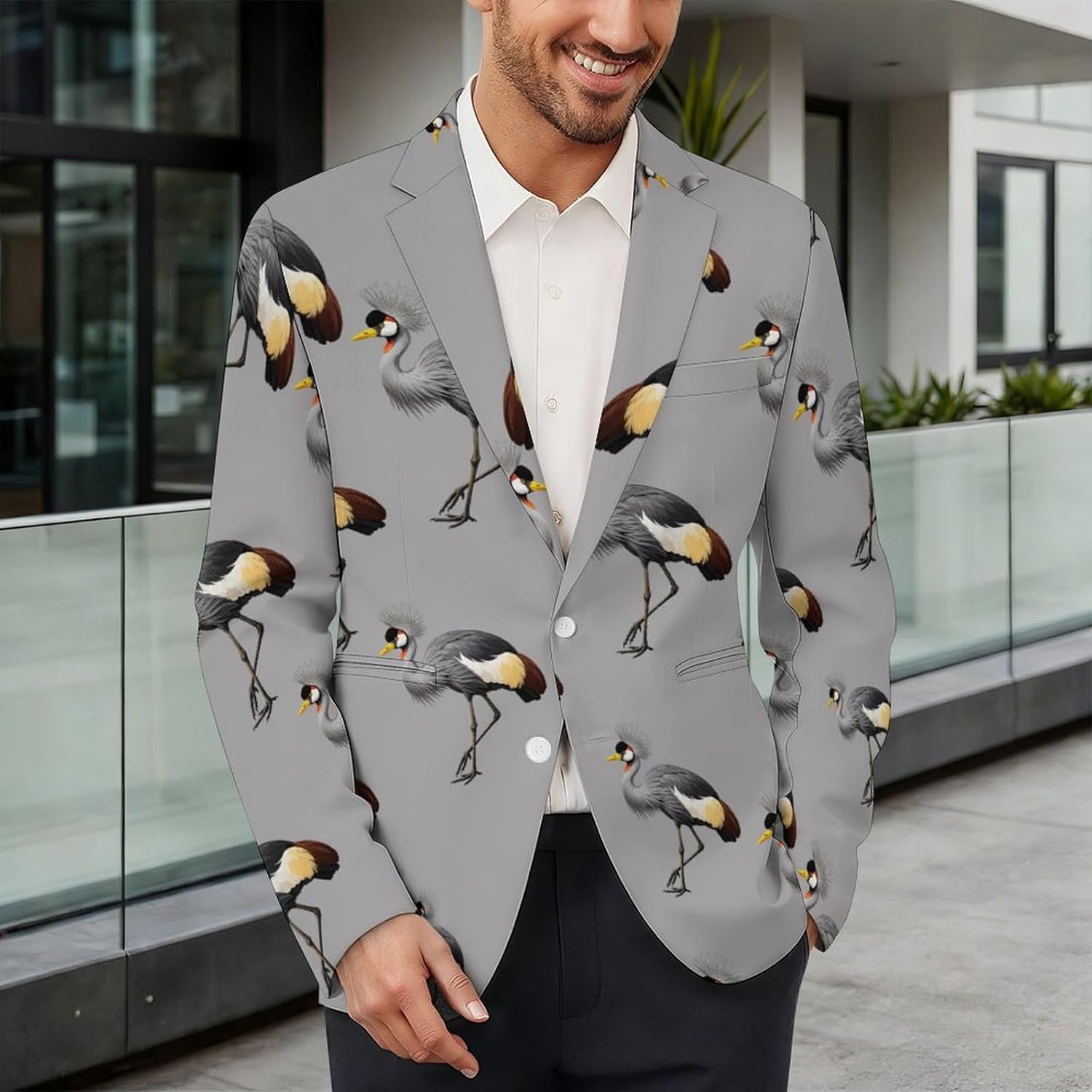 Grey Crowned Crane Suits Blazer for Men Casual Buttons Lapel Jacket