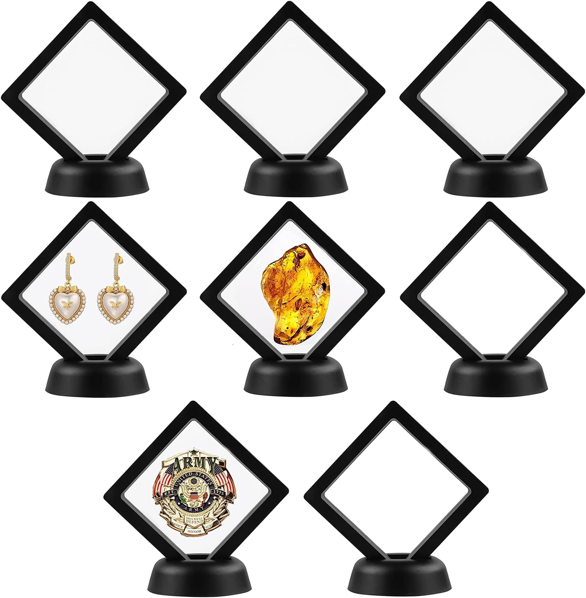HAOBINFloating Frame Display Holder Coin Display Box Floating Frame Display Frame Coin Frame Presentation Stand with Base for Display Ring Pendant Bracelet Jewellery (8) Pack of 8