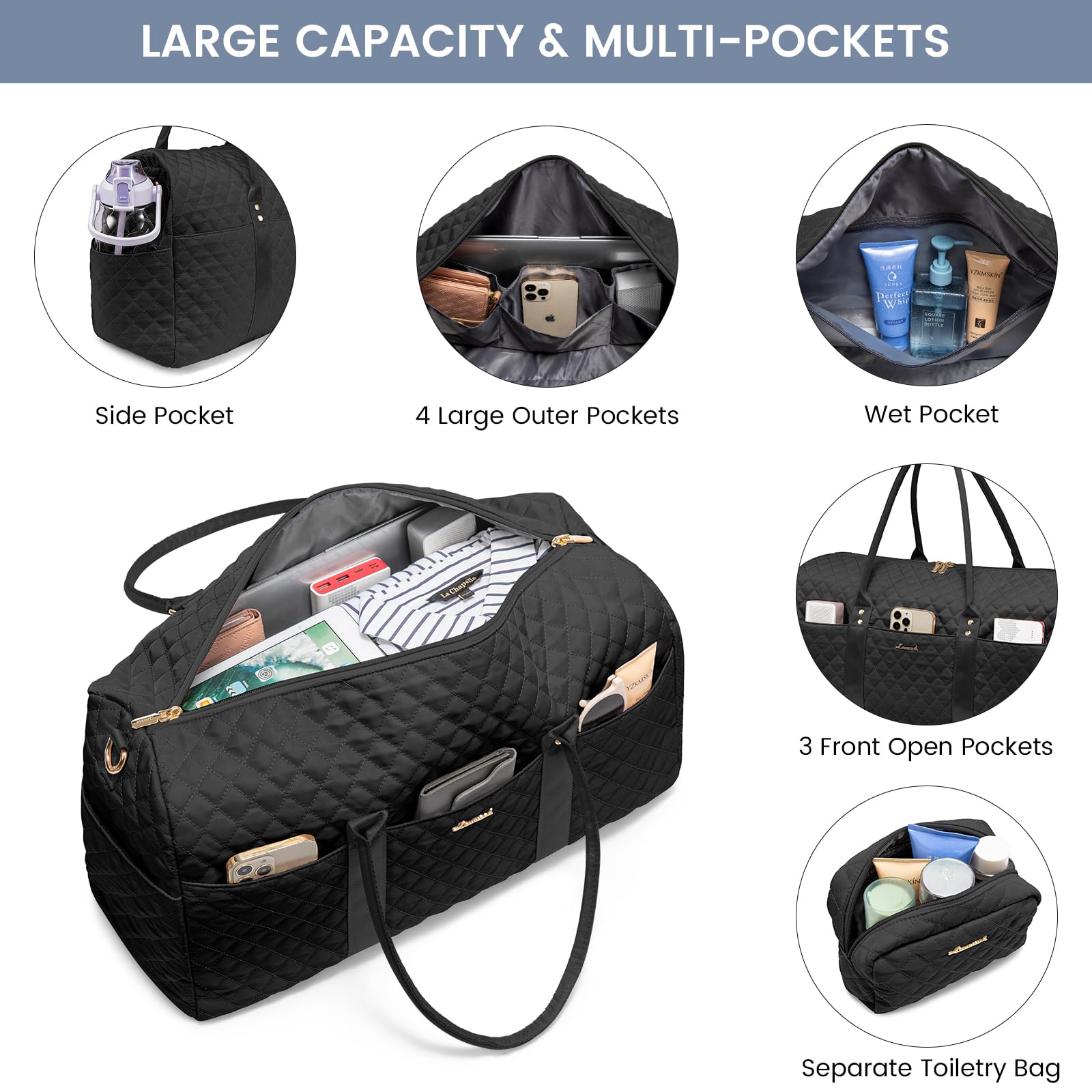 Bolsa de viaje con compartimento para zapatos, bolsas de fin de semana para mujeres con bolsa de aseo personal, bolsa de lona para gimnasio con bolsillo húmedo, bolsas de hospital para 3