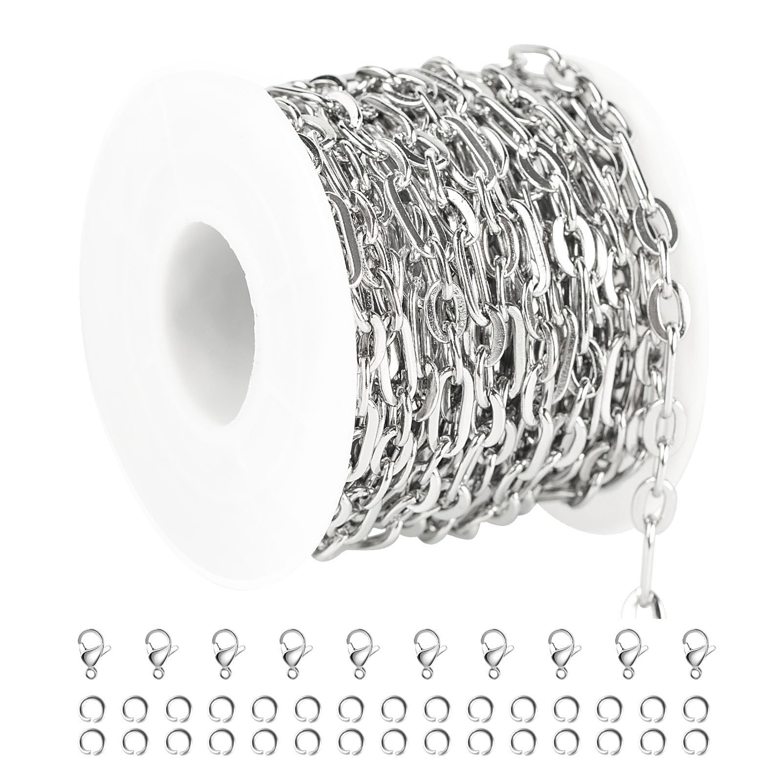 UMAOKANG 5 Meters Stainless Steel Chains Bulk Paperclip Chain for Necklace Bracelet DIY Jewelry Chain with Jump Rings and Lobster Clasps