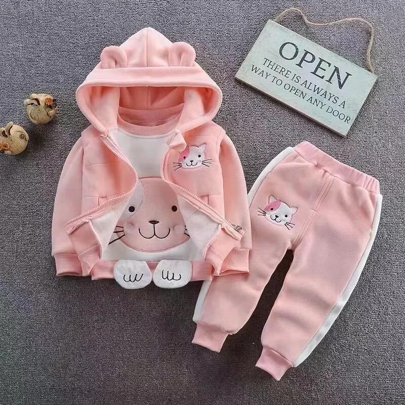 Image of Bold N Elegant Unisex Kids Fur Printed 3D Reindeer Cartoon Thick Winter Warm T-Shirt Pant With Hood Jacket 3 Pc Clothing Set