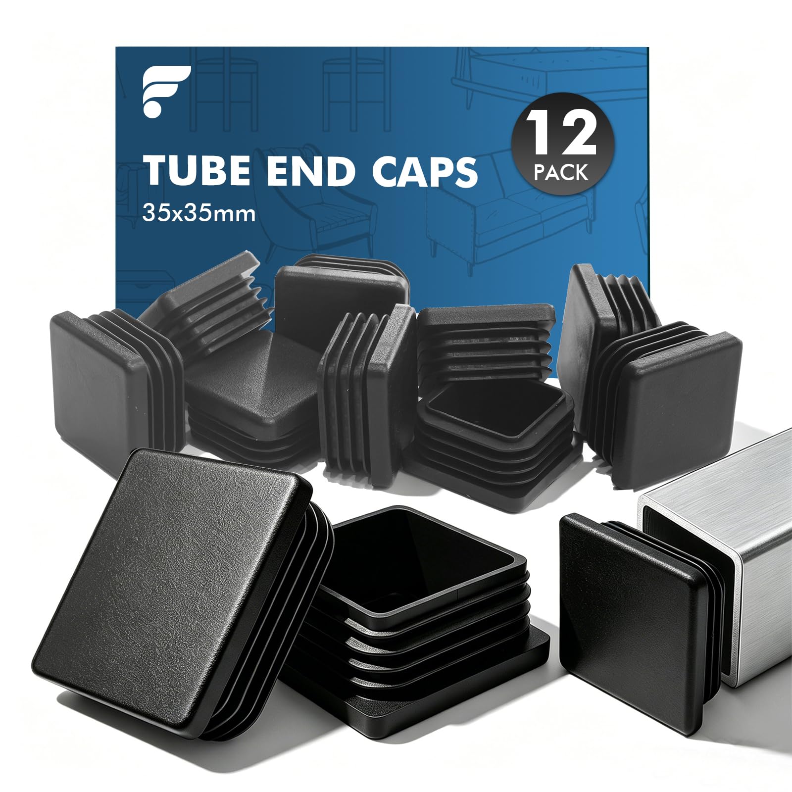 shinfly 35x35 mm Square Tube Inserts, Black PE Plastic End Caps, 12 Pack