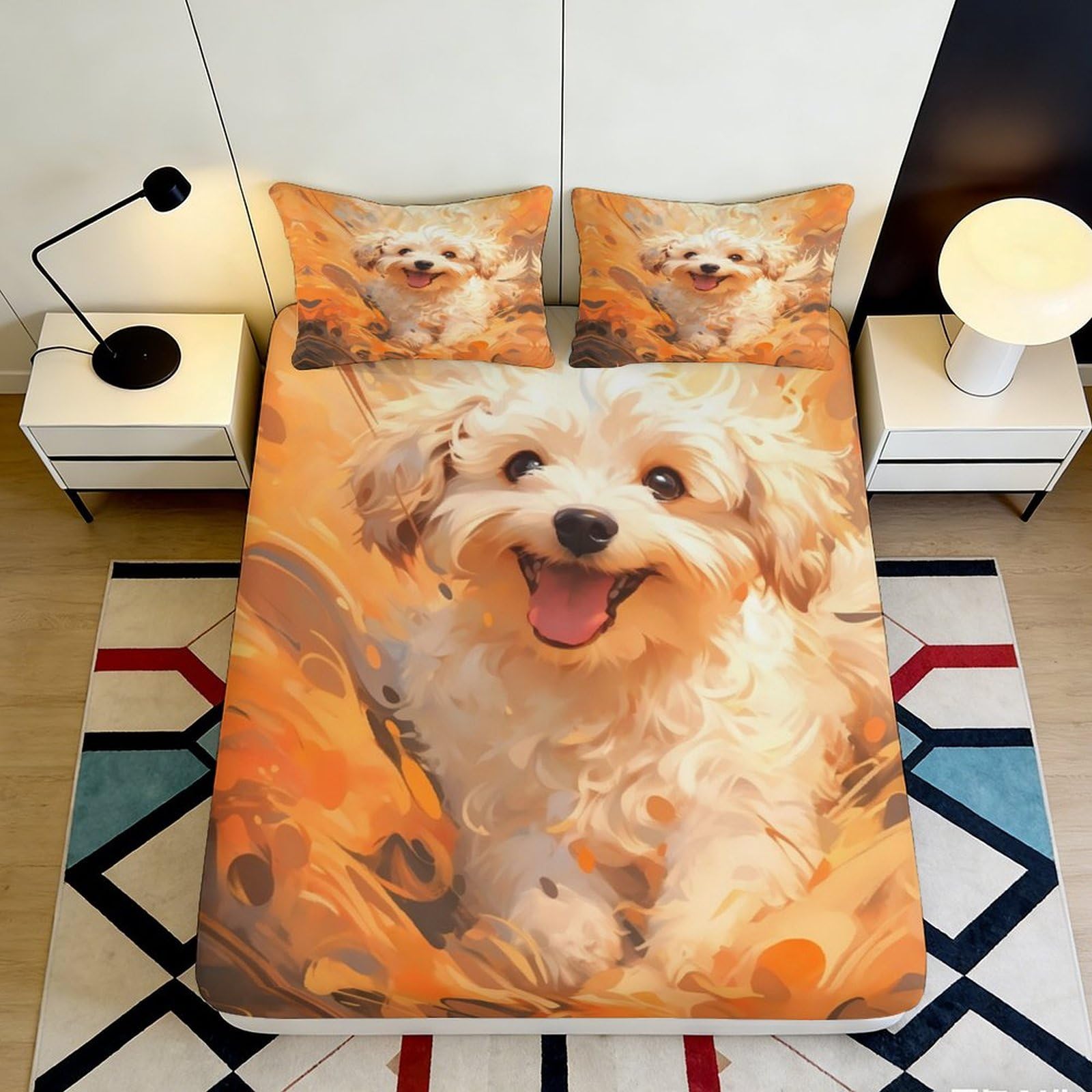 3D Printed Cute Dog Pattern Fitted Sheet Microfiber Soft Breathable Fluffy Puppy 3D Printed Bed Cover for Bedroom Dormitory Guest Room Mattress Protection 90x200x25cm