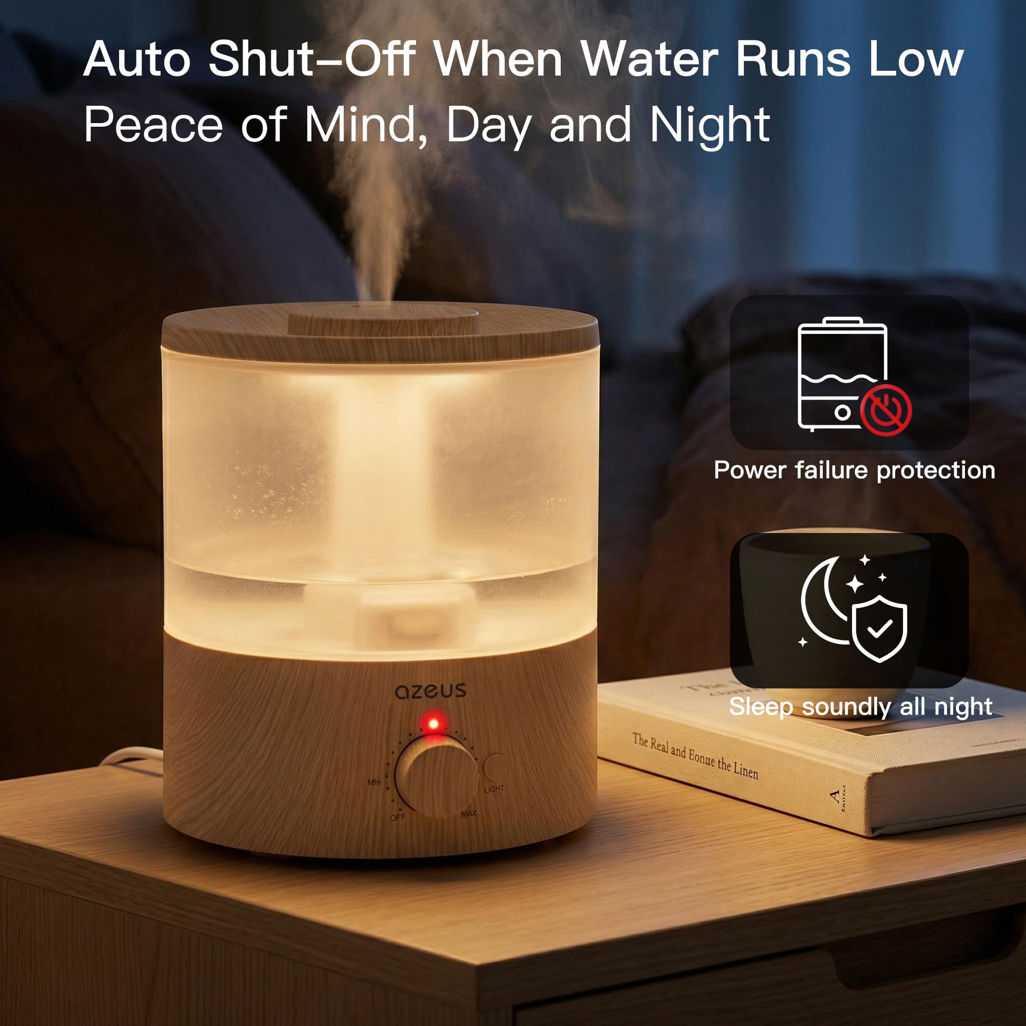 AZEUS SK7620 - Umidificatore ad ultrasuoni da 1,5 litri, luce notturna a 7 colori, umidificatore a nebbia fredda con potenza regolabile, funzionamento silenzioso e spegnimento automatico per casa e