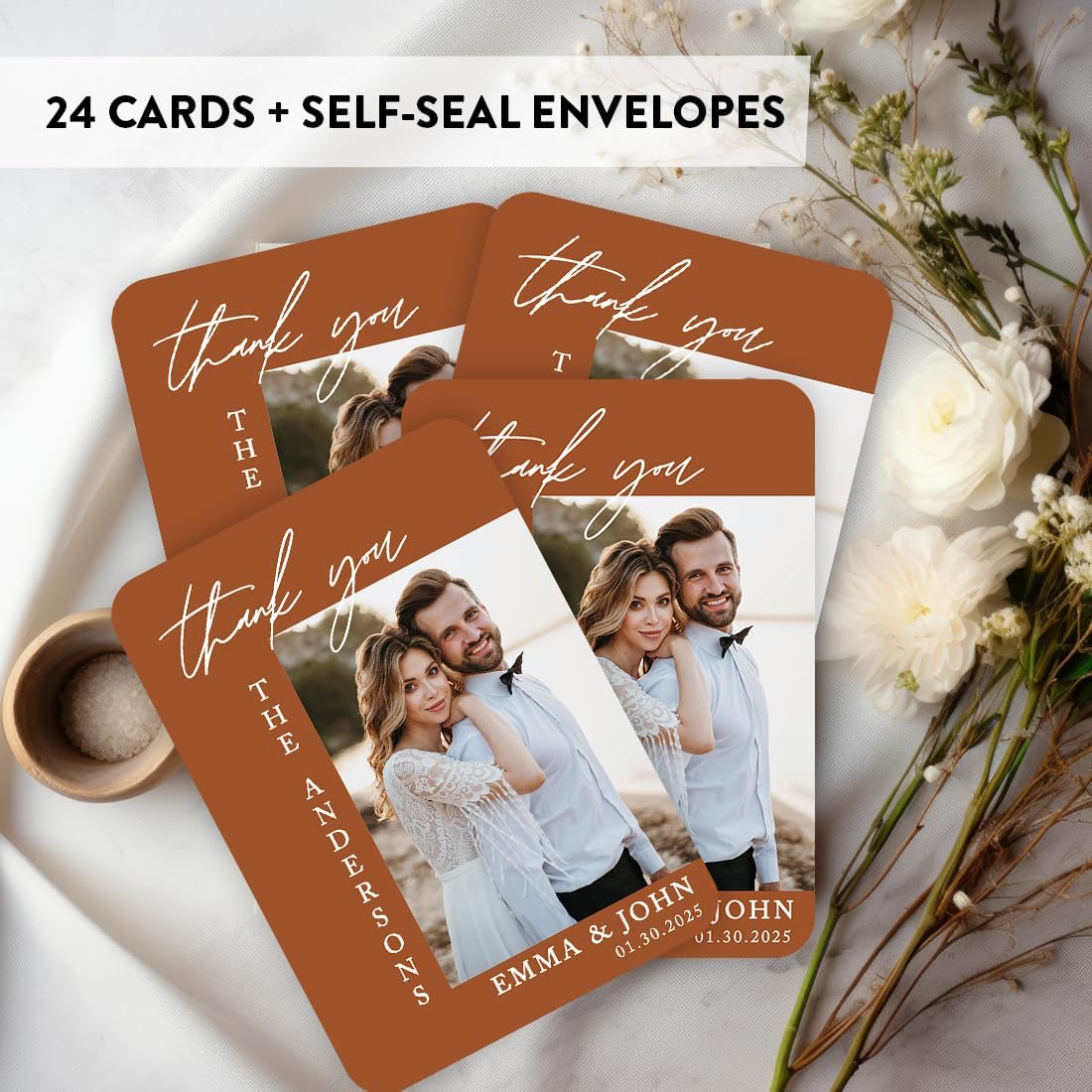Andaz Press Personalized 5x7-Inch Photo Thank You Cards with Envelopes, Boho Wedding Thank You Card with Message, Terracotta Thank You Custom Photo, Name, and Date, Wedding Thank You Notes, 24-Pack