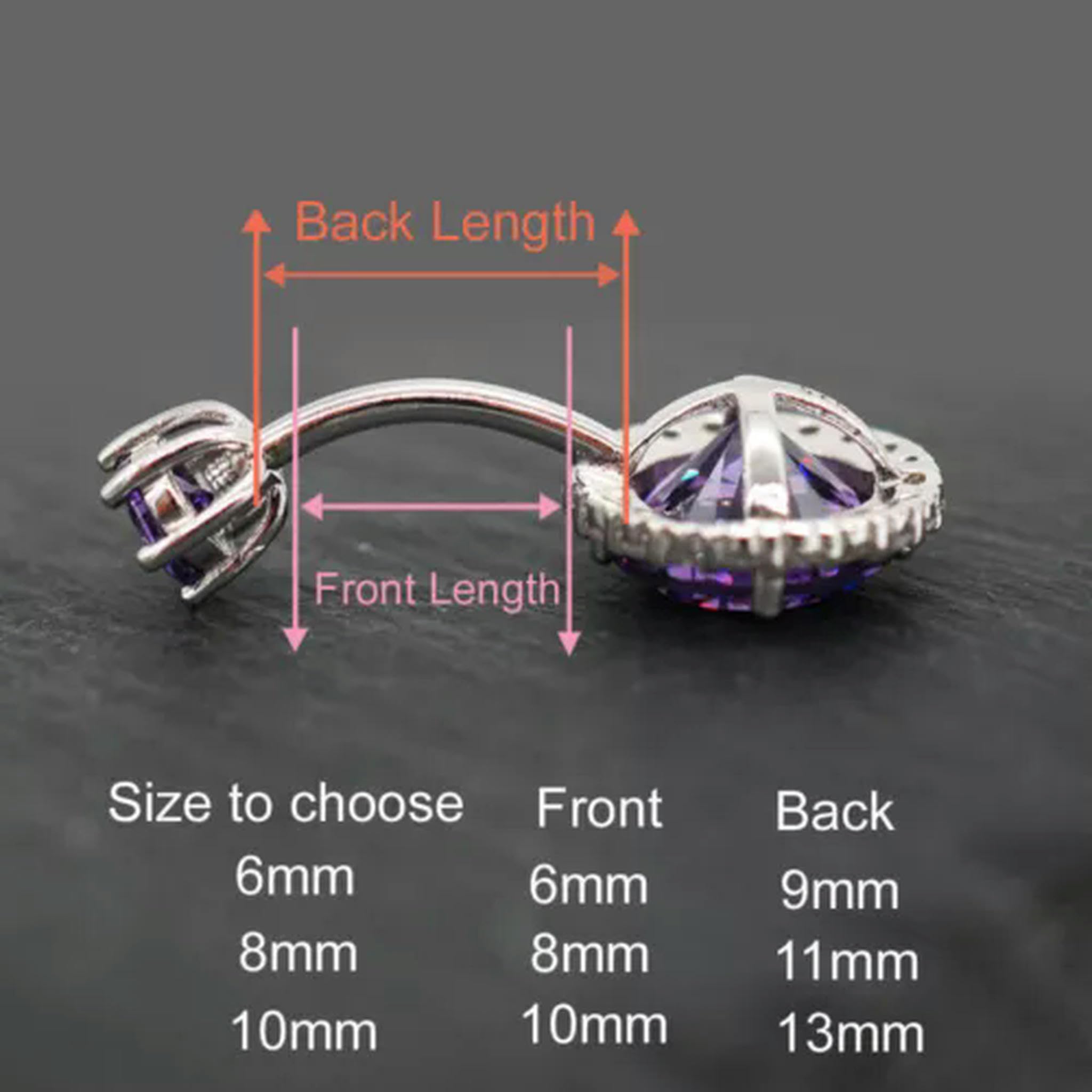 Piercing para Ombligo de Plata de Ley con Forma de Barra y Cristal de circonita cúbica Violeta Redondo A1893-P-6 mm-Violeta