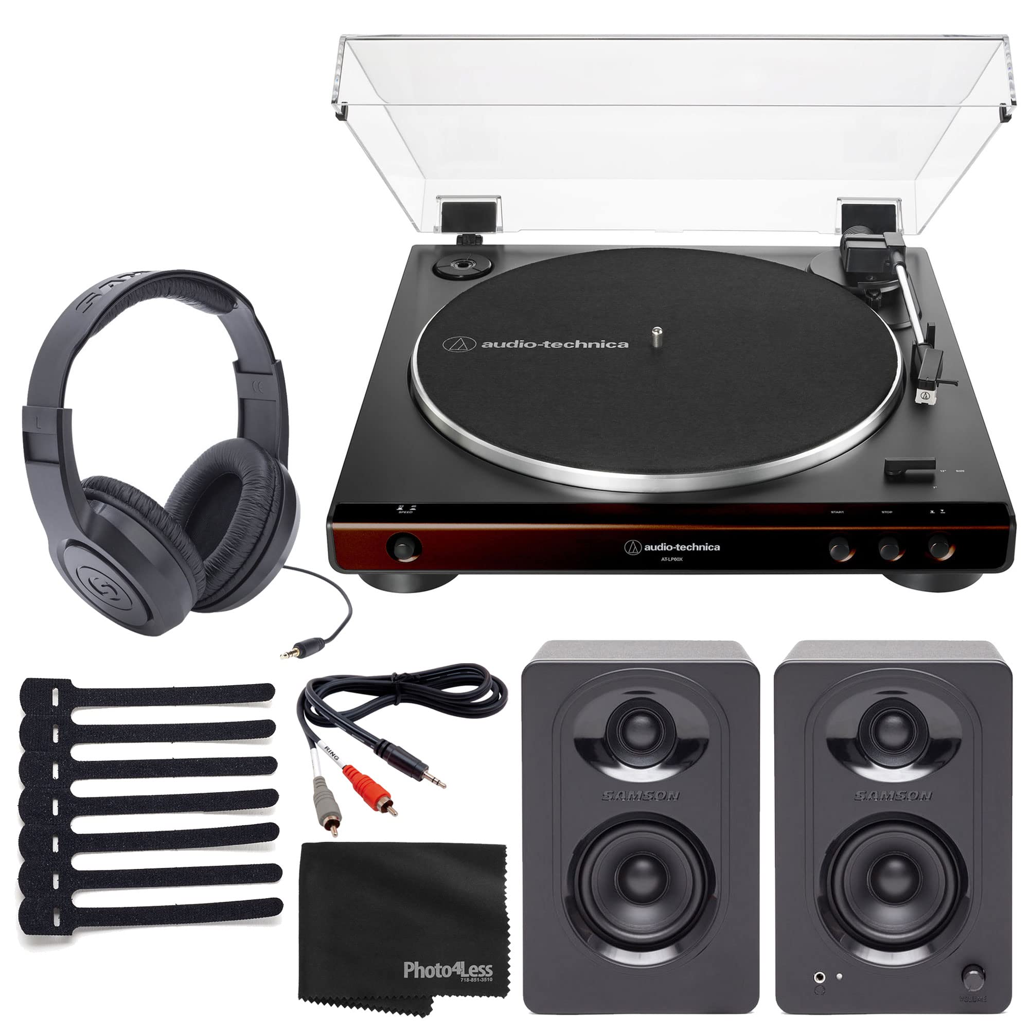 Audio-Technica AT-LP60X Stereo Turntable (Brown & Black) + Studio Monitors + Stereo Headphones + Ada