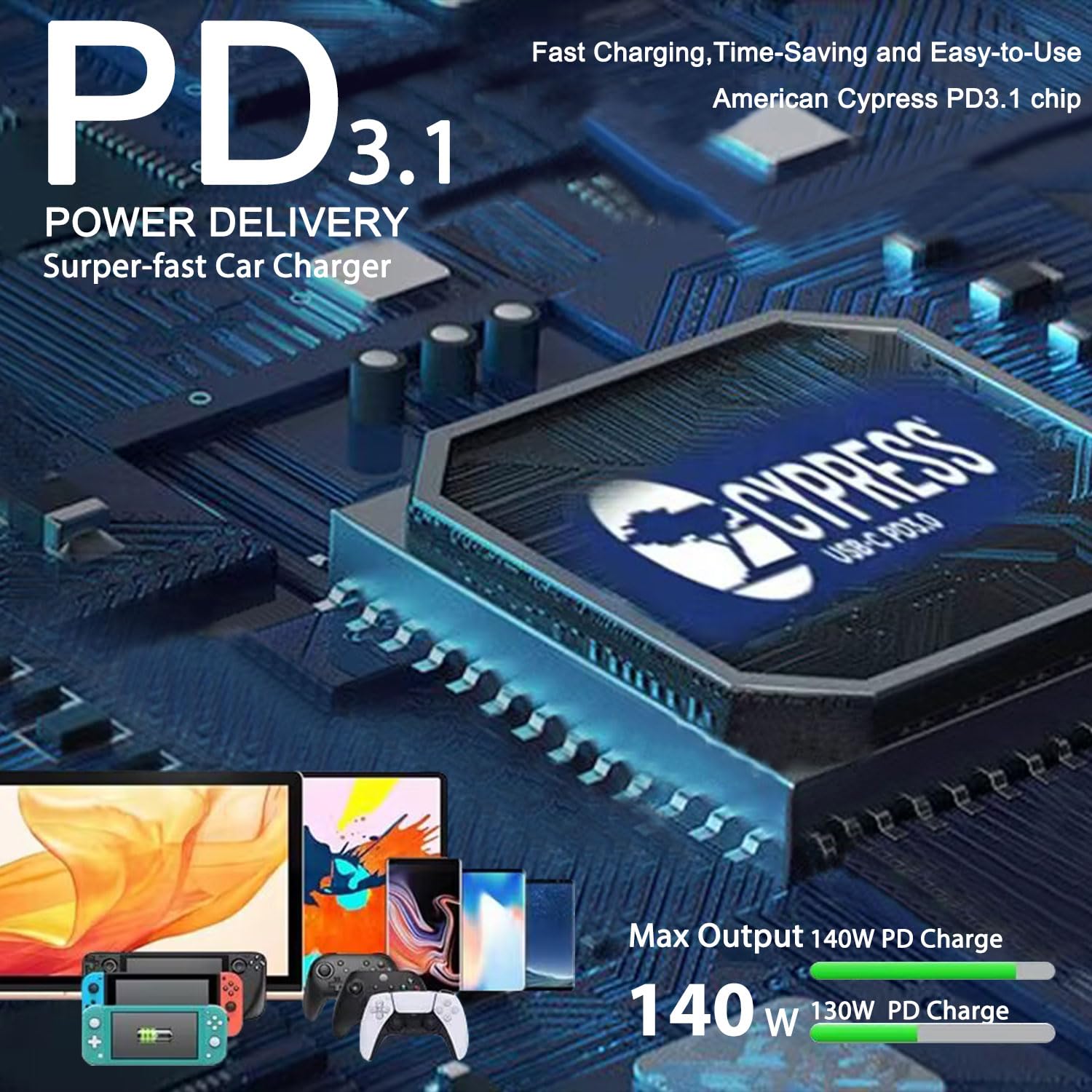 KFD Caricatore da auto USB C da 140 W PD 3.1 per MacBook Pro/Air Surface Pro Samsung Dell Google PC, Tablet Cellulare AI Laptop Alimentatore di rete 24 V Accendisigari USB Auto Charger con cavo di