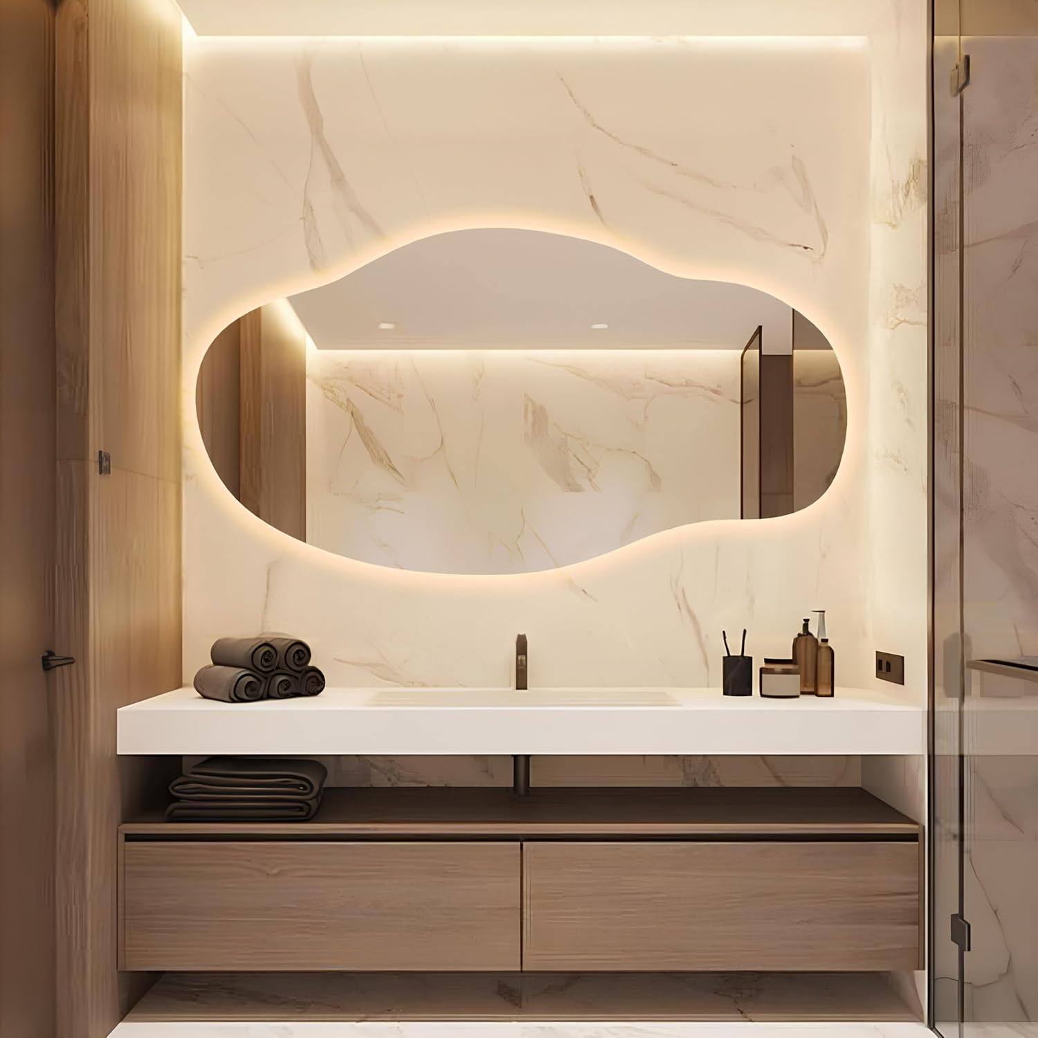 LED Wall Mirror - Asymmetrical Light Up - Frameless Irregular Vanity Wavy Mirror with Light for Bathroom Bedroom Living Room(''23.2''x''43.3'' in)