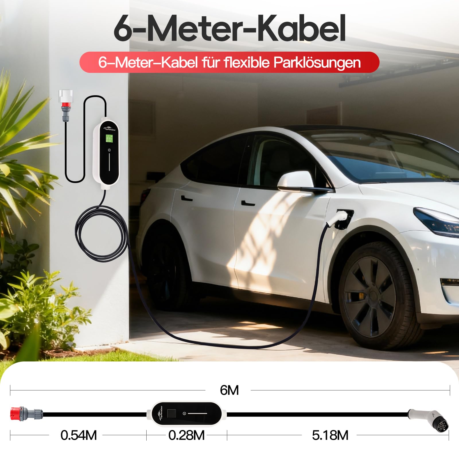 Mobile Wallbox 11 kW [6 m | 8-16 A] mit einstellbarer Stromstärke, Ladekabel CEE 16A auf Typ 2 für ID.3/4/5, Model Y/3, MG4, EX30, e-up, e-tron, Zoe, EV-Charger, TÜV-geprüft & CE-zertifiziert