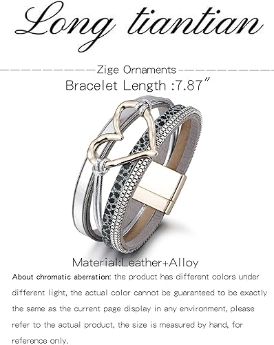 Miniatura 5 de Long tiantian Pulseras de cuero multicapa para mujer, pulseras apilables de corazón para mujer, pulseras bohemias de cuero con cierre, regalos de