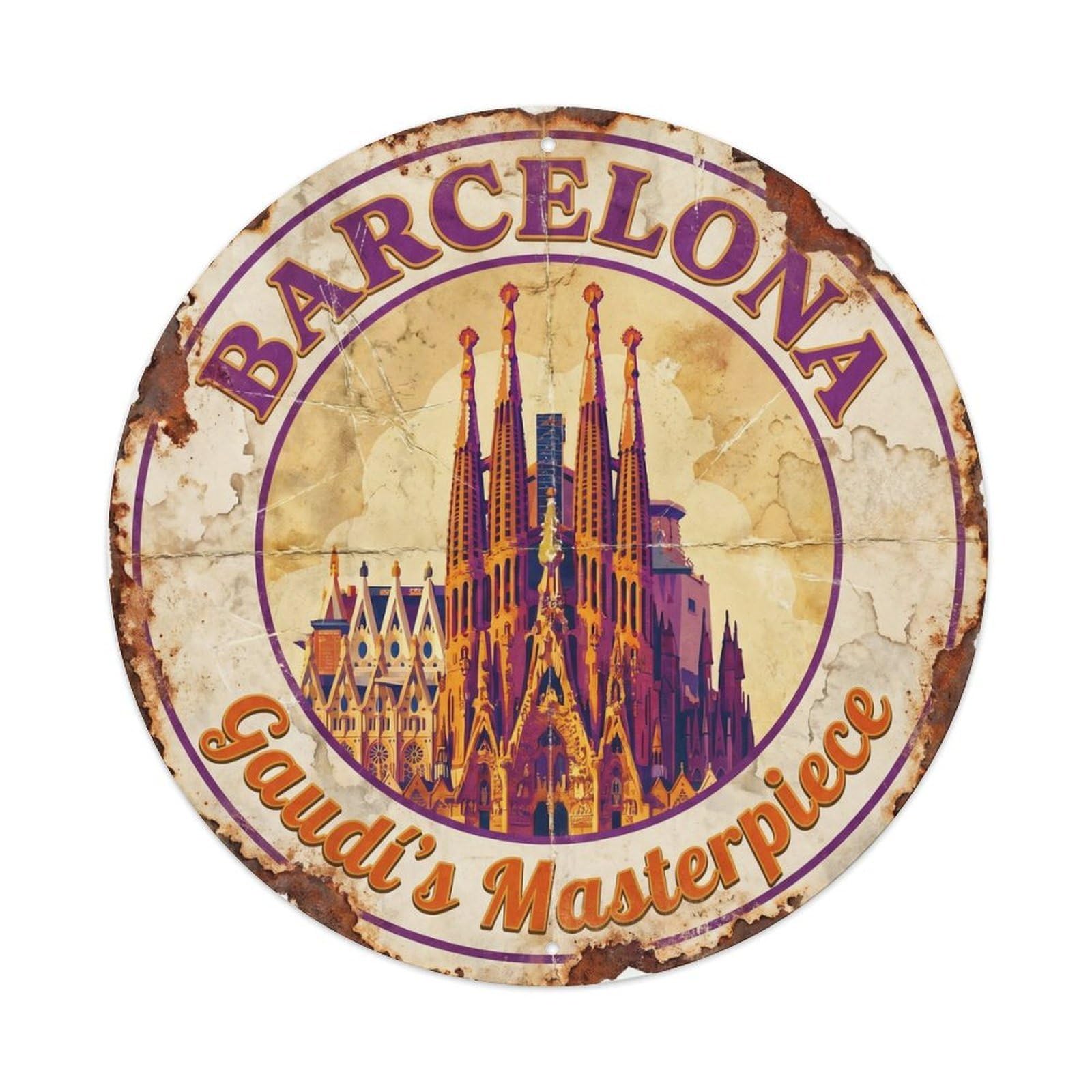 Vintage Travel Barcelona Cathedral Landmark Metal Tin Sign Plaque Wall Decor for Cafe, Club Bar, Office, Home Garden Round Metal Poster 8x8Inch