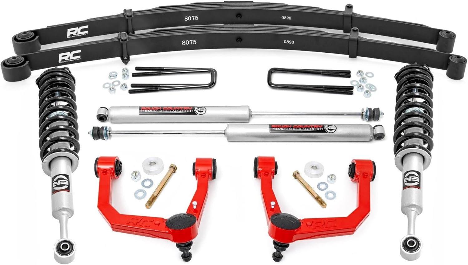 Rough Country 3.5" Bolt-On Lift Kit with M1 Struts/M1 Rear Shocks for Toyota Tacoma 4WD (2005-2023) - Lifted Leaf Springs, Red Control Arms