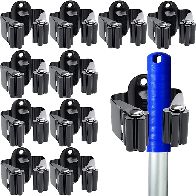Broom Mop Holder, Broom Holder Wall Mounted 10Pcs Mop Holder Tidy Organizer Heavy Duty Brush Holder Broom Gripper Hooks Sweeping Clips Hanger Storage Rack for Bathroom Kitchen Garden Garage, Black