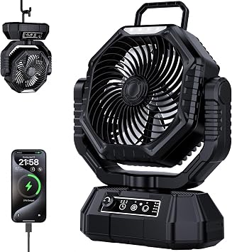 AJVV Campin Fan Dual Motor Rotation High Wind Black | Portable Fans Rechargeable with LED Light, 20000mAh, Remote Control, 13 Speeds for Indoor, Outdoor, Home, Tent, Fishing, Camping