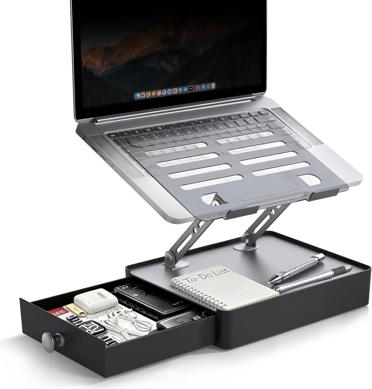 Laptop Stand with Storage Drawer, Heavy-Duty Metal Laptop Riser for Desk, Ergonomic Height & Angle Adjustment for 10–16.2″ Laptops, Gray