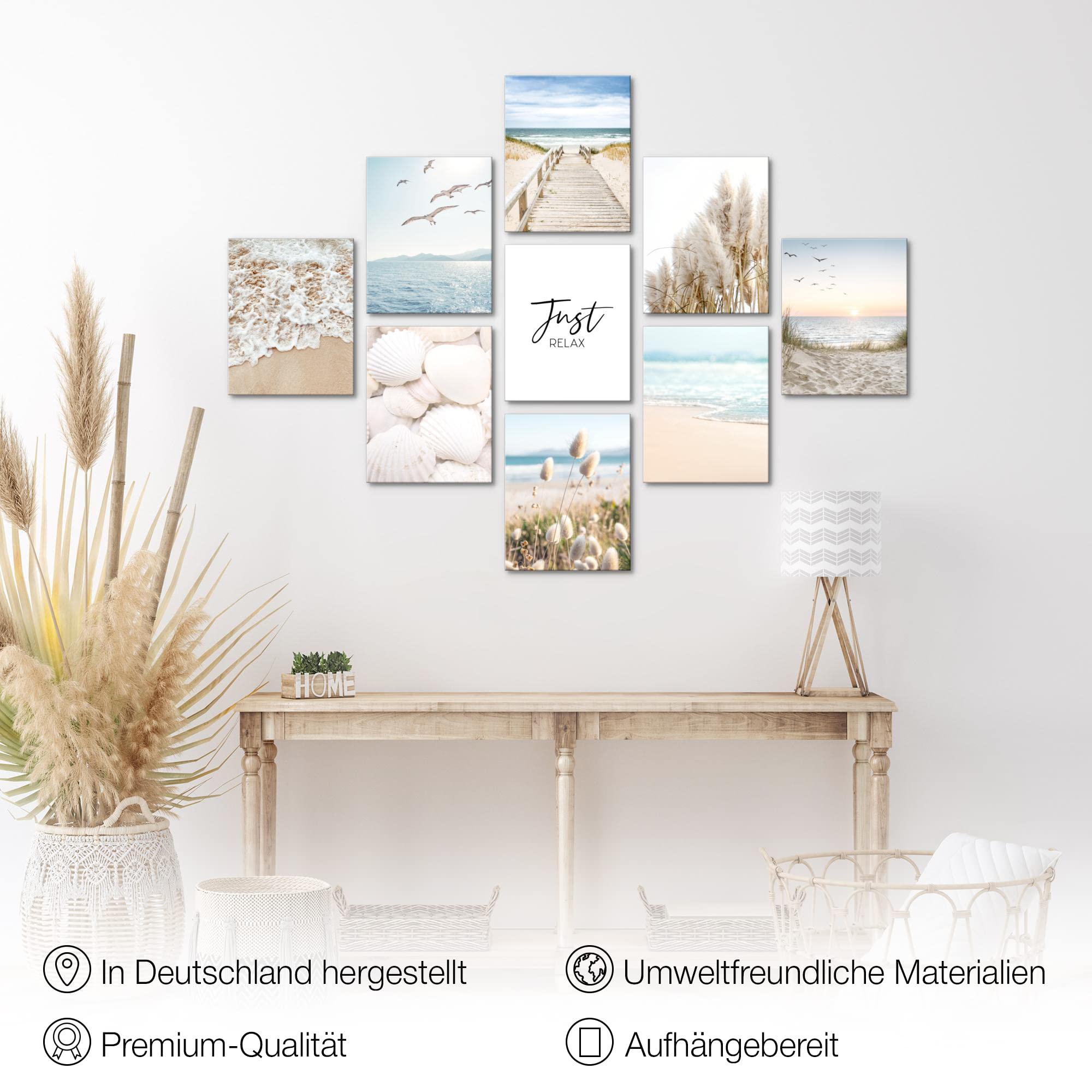 Novart Wandbilder Strand Meer - KOMPLETT AUFHÄNGFERTIG - Ostsee Wohnzimmer Schlafzimmer- 9 Moderne Bilder Set - N026091a