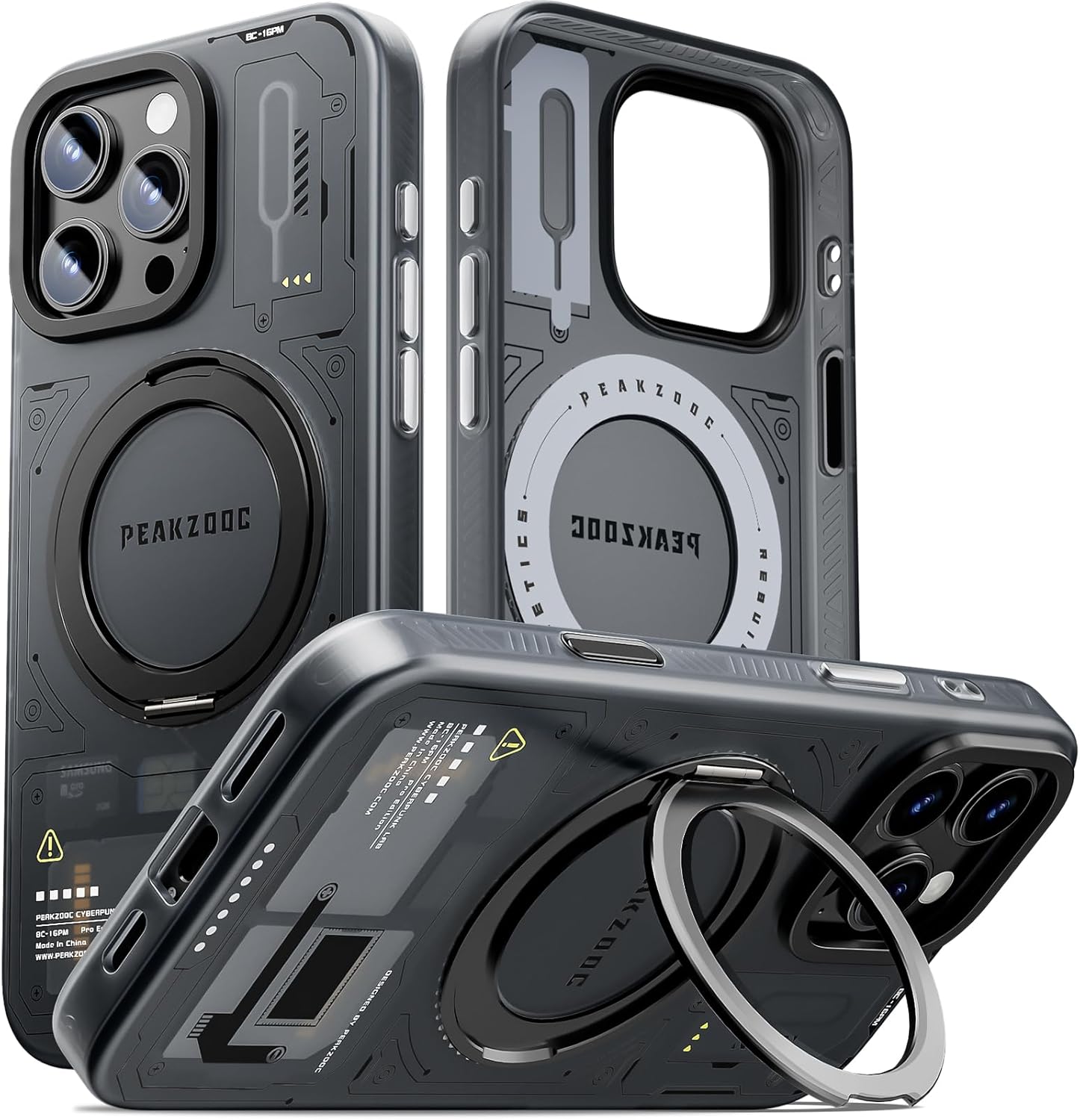 Case for iPhone 16 Pro for Men, Magnetic Grip, 360 Rotating Stand, Drop Protection, Camera Button Support, Matte Translucent Black with Silicone Edges, SD & SIM Card Storage