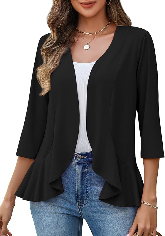 Zeagoo Women's 2026 Summer 3/4 Sleeve Lightweight Cardigans Open Front Draped Ruffles Kimono Coverups
