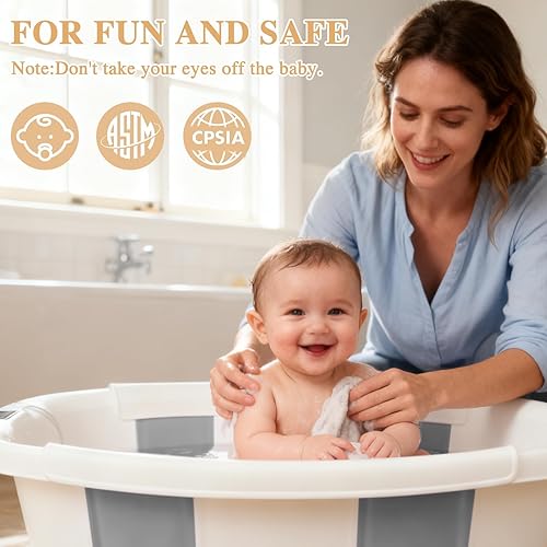 Miniatura 7 de Bañera para bebé EverKiddo, tina de baño para bebé con termómetro y cojín suave, bañera plegable para bebés de recién nacidos a niños pequeños de 0