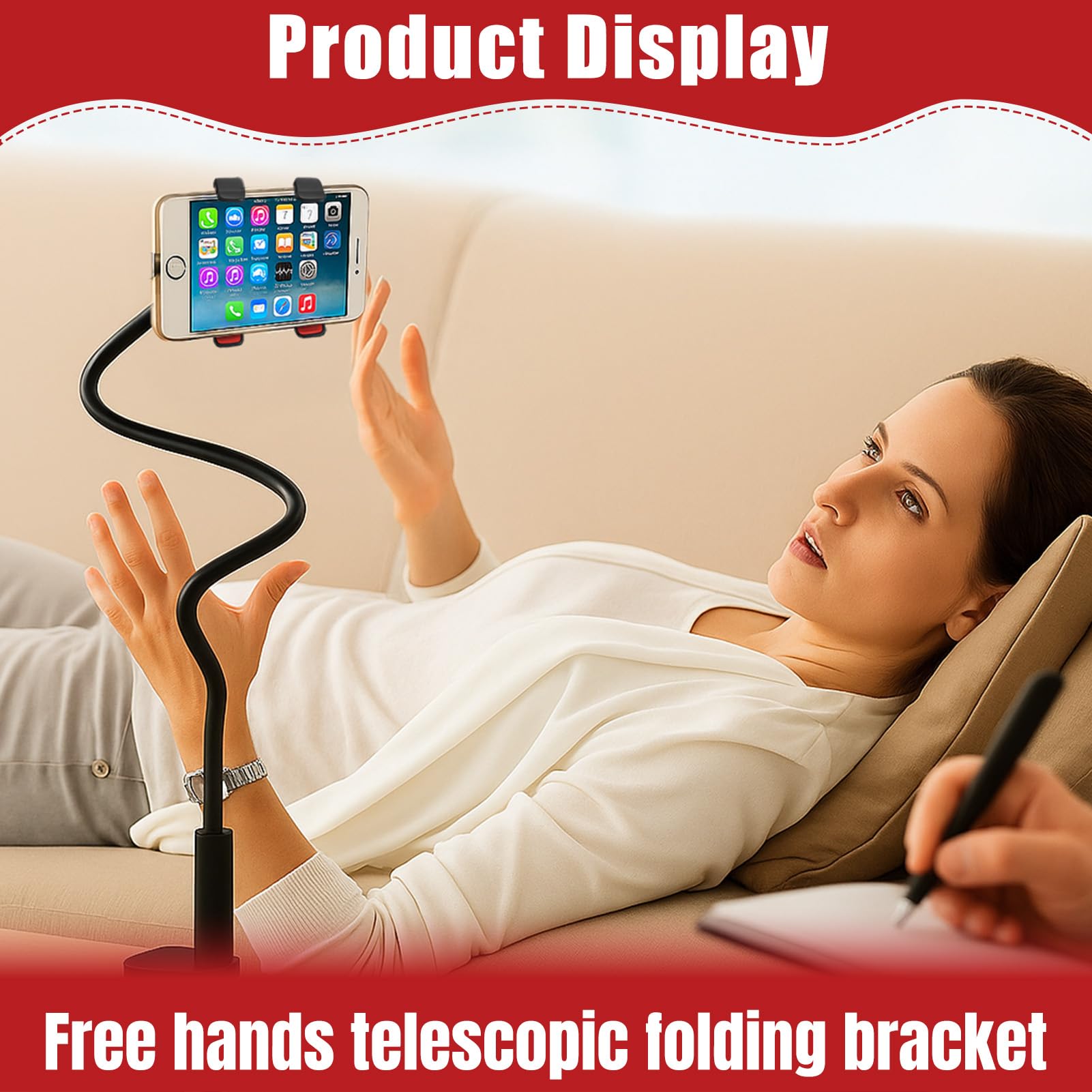 Support Téléphone Lit Pince Forte, Bras Flexible 75cm Antivibration, Support Smartphone Col de Cygne 360°, Support Mains Libres pour Regarder Vidéos, Compatible iPhone Samsung
