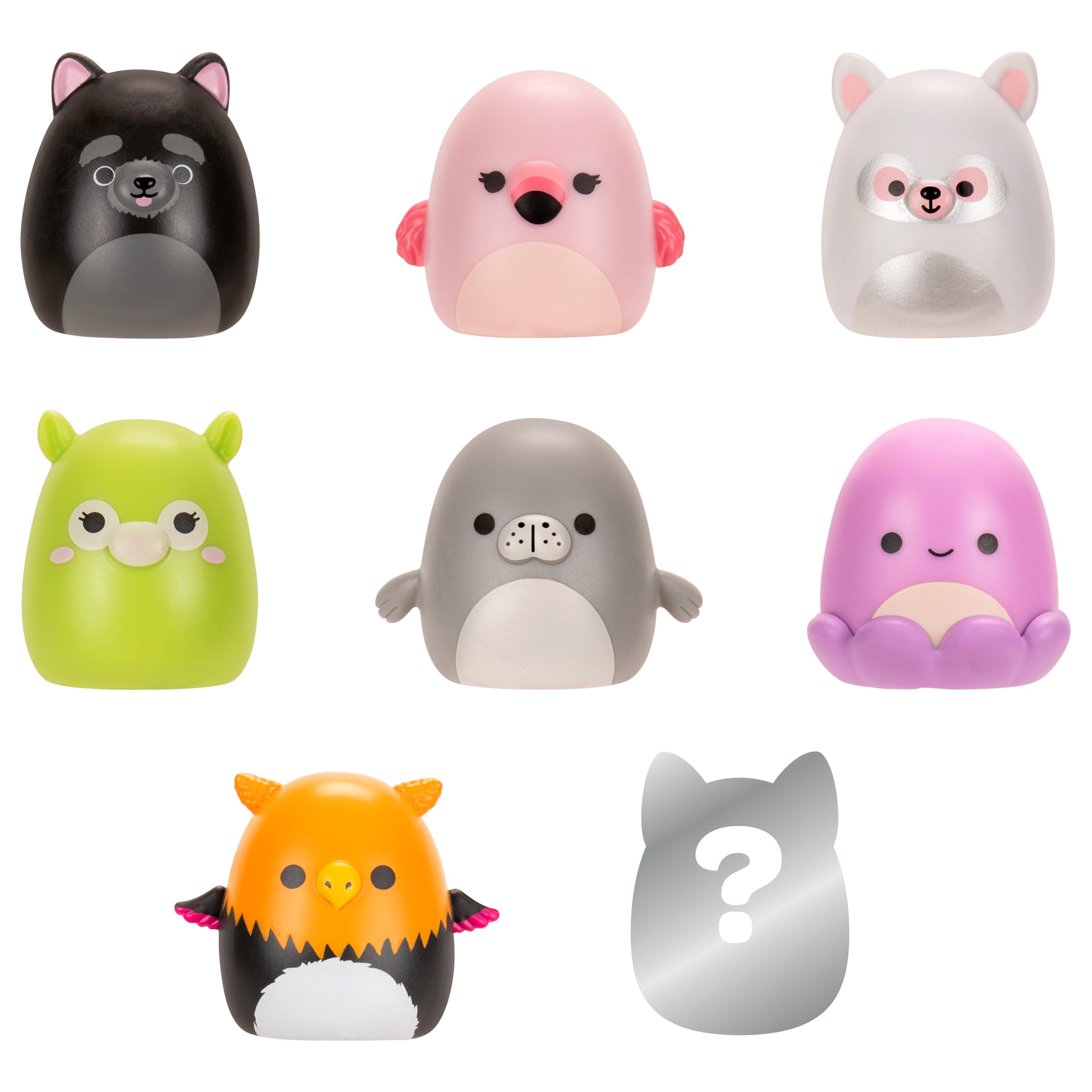Squish-a-longs Mini-Squish 8-pak (Fala 3, styl 3) - różowy flaming, gryf, ośmiornica, lemur, cairn terrier, zielona lama, manat i tajemniczy mini-squish