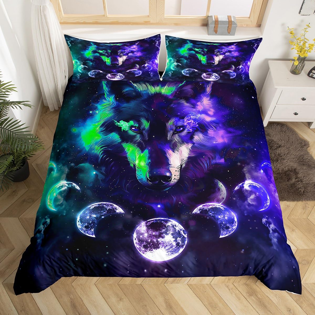 Homewish Galaxy Wolf Bettbezug 135x200,Grün Lila Mond Sternenhimmel Bettwäsche Set für Mädchen Jungen Erwachsene,Wild Safari Tiere Tröster Abdeckung Trippy Zimmer Dekor Boho Bett Set