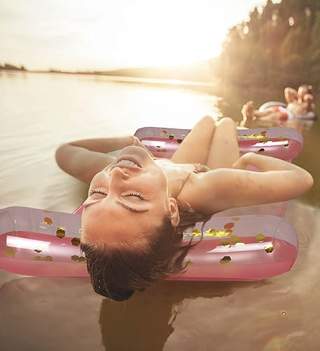 Miniatura 5 de POZA Juego de 3 hamacas inflables de agua de oro rosa, oro y plata, tumbona flotante de lujo para piscina rellena de confeti brillante, silla 4 en