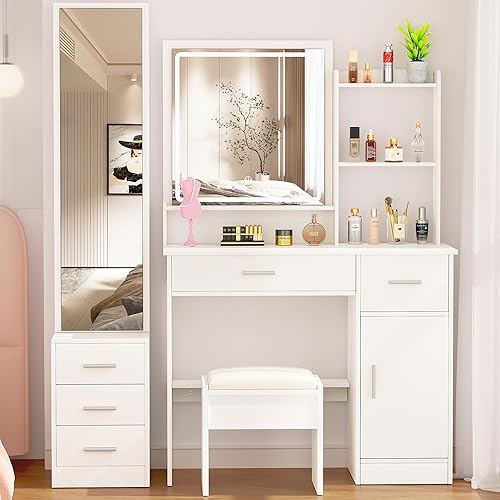 Greenvelly Escritorio de tocador de maquillaje con luces y 2 espejos, mesa de tocador blanca con 3 modos de iluminación y juego de taburete, tocador