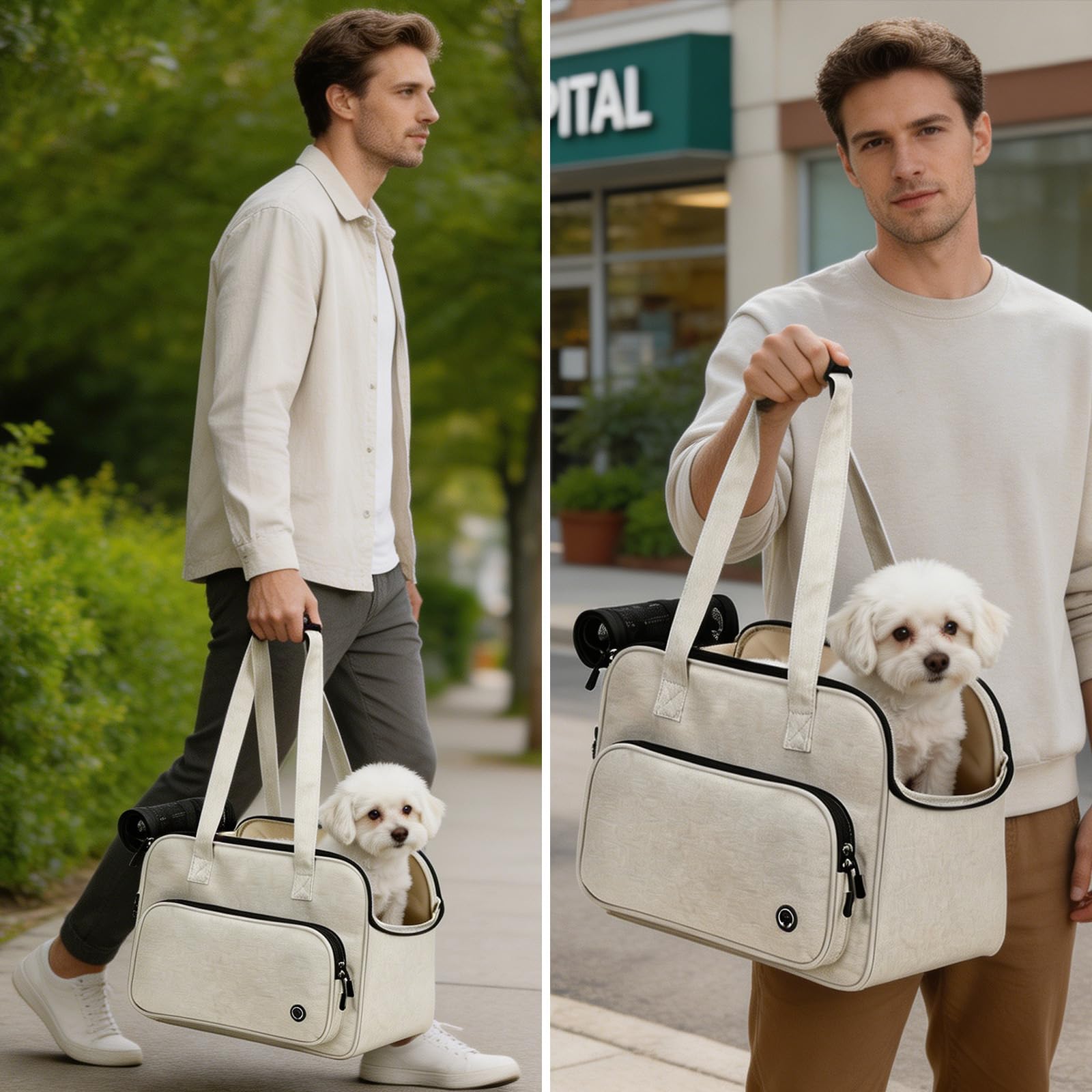 Sac de Transport Petit Chien Chat Tissu Oxford Léger Respirant avec Crochet Sac de Voyage Extérieur Beige