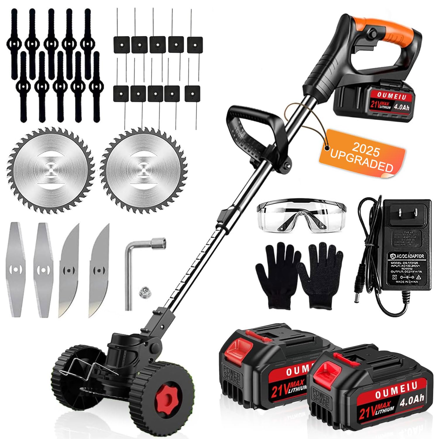 Cordless Strimmer, 15cm Cutting Width, Electric 21V Grass Trimmers with x 4.0Ah Batteries& Fast Charge& Metal Blade, Garden Strimmer Brush Cutter for Clearing Weeds Flower Lawn Trees