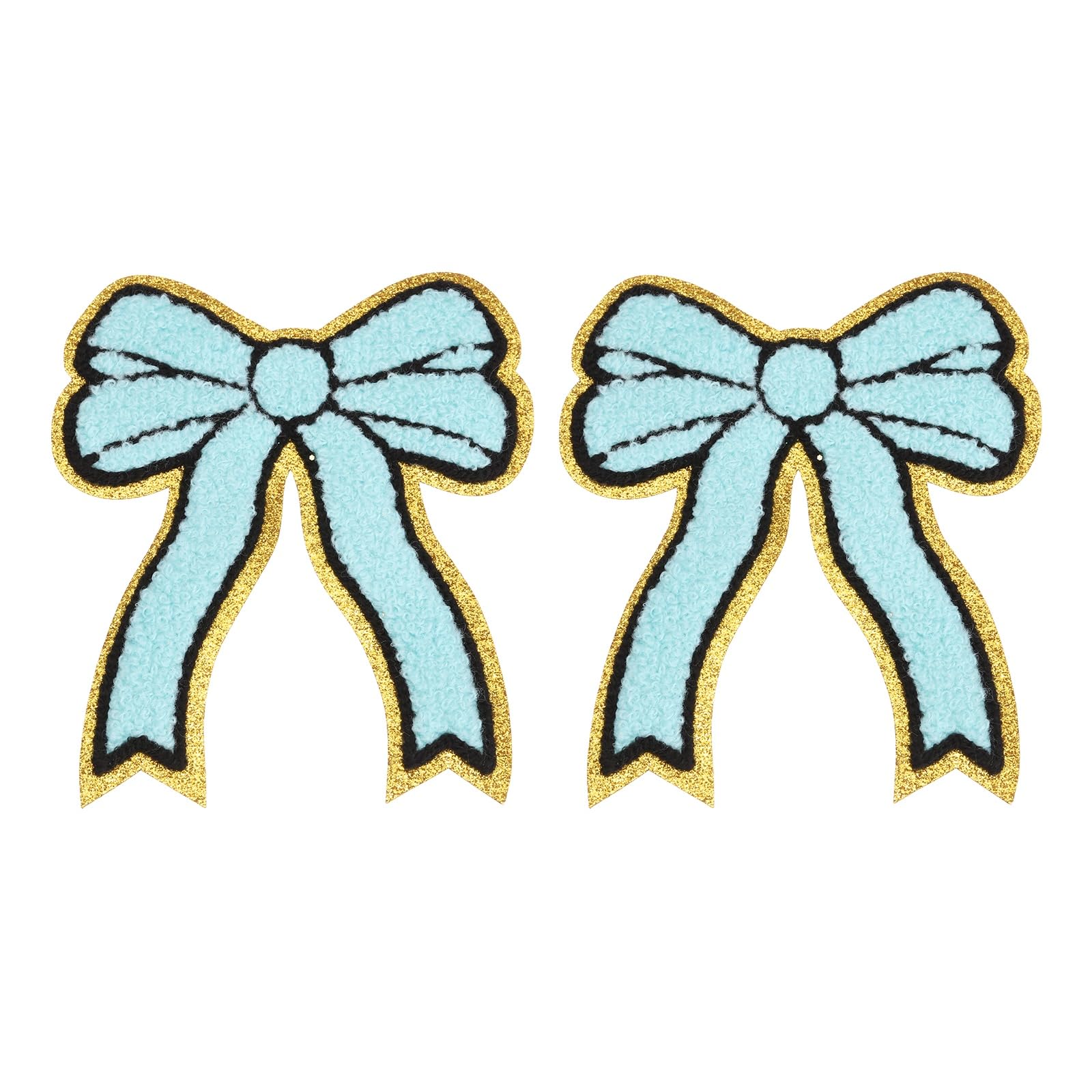 sourcing map 2Pcs Bow Chenille Patches, Iron on Patches Gold Edges Embroidered Applique Patch for DIY Clothing Fabric Clothing Hats Shoes Bags, Light Blue