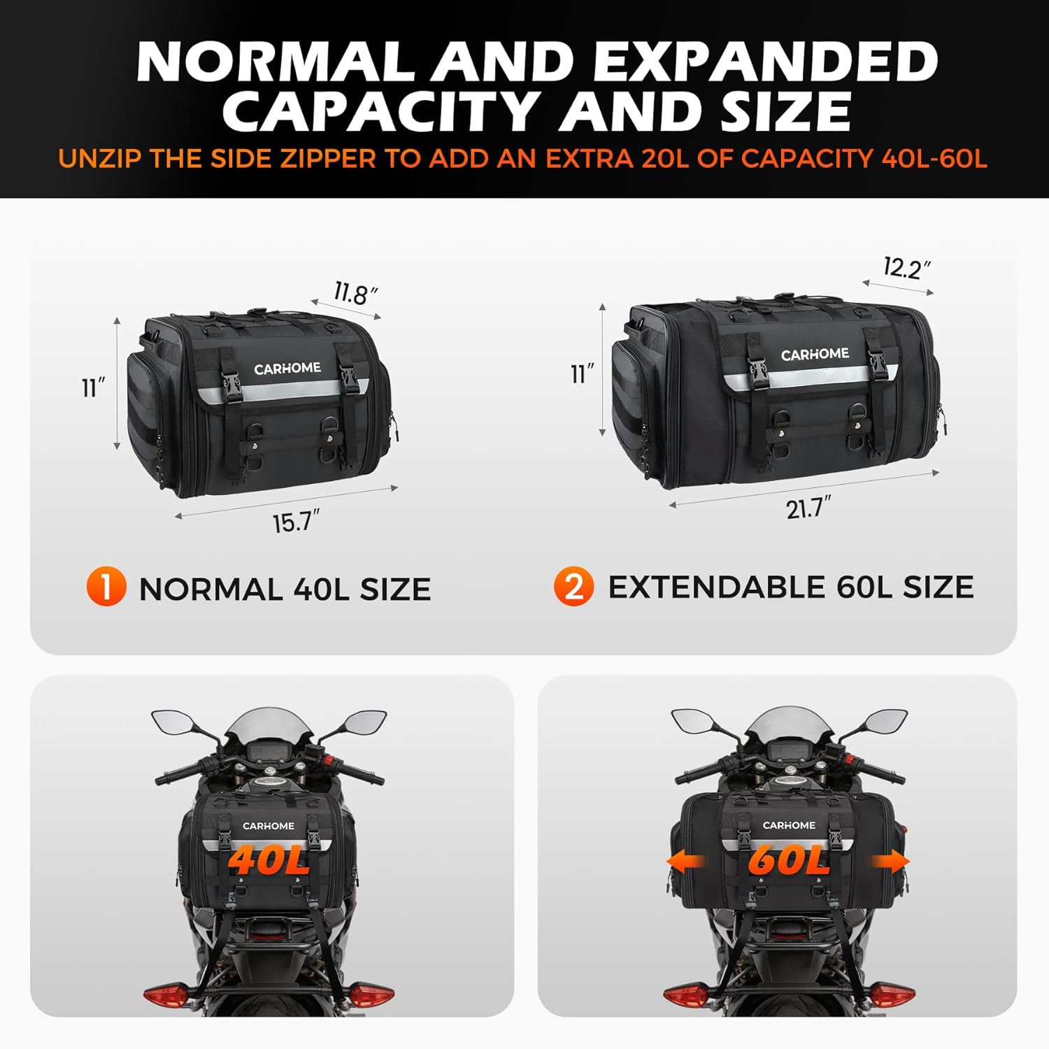 Motorcycle Tail Bag, 40L-60L Expandable Motorcycle Travel Luggage, Waterproof All-Weather Rear Seat Bag with Sissy Bar Straps & Rain Cover, Universal Trunk Rack Bag - Black