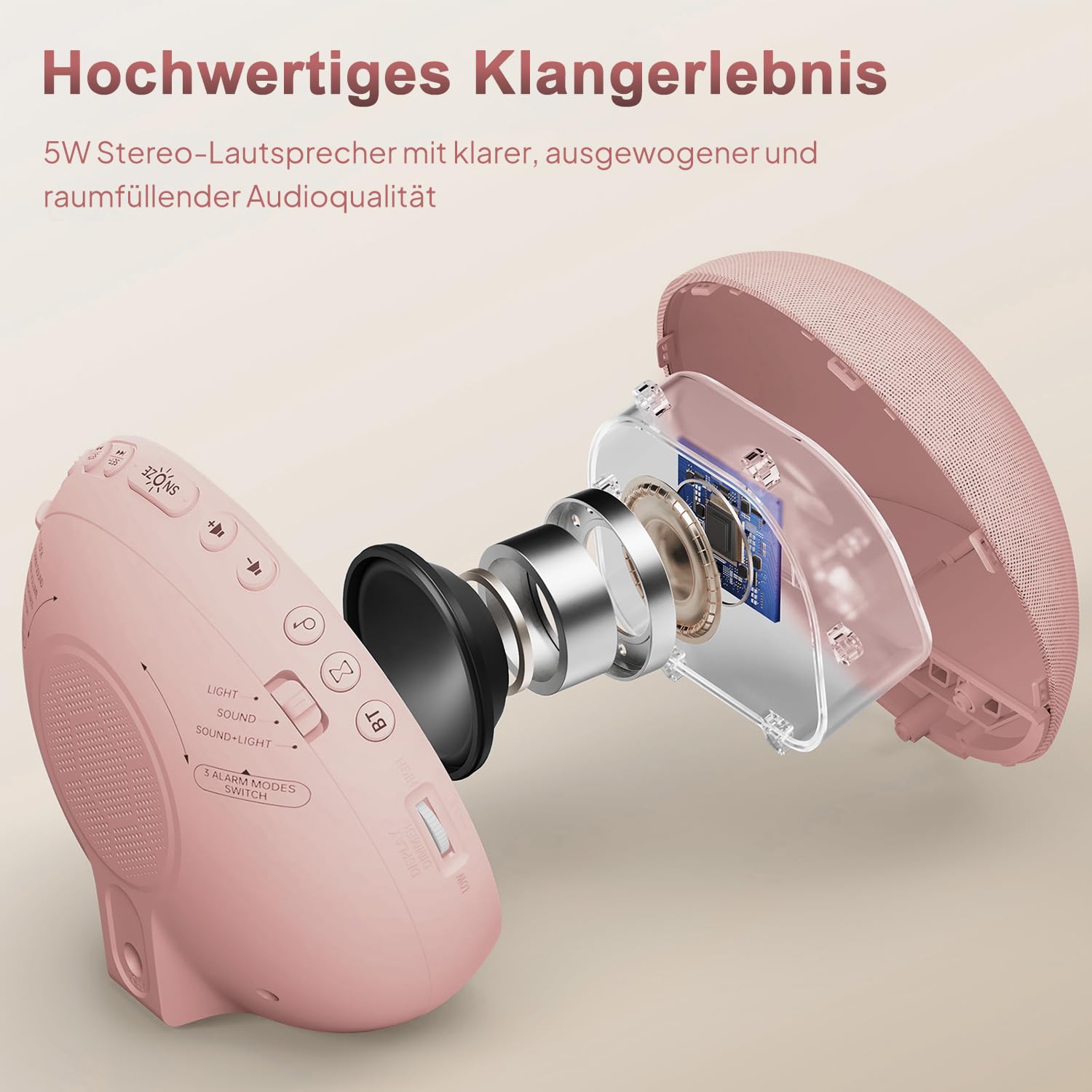 Sveglia con luce diurna, bianco rumore, con Bluetooth, 25 suoni naturali con timer, luce notturna RGB per camera da letto (rosa ciliegio)