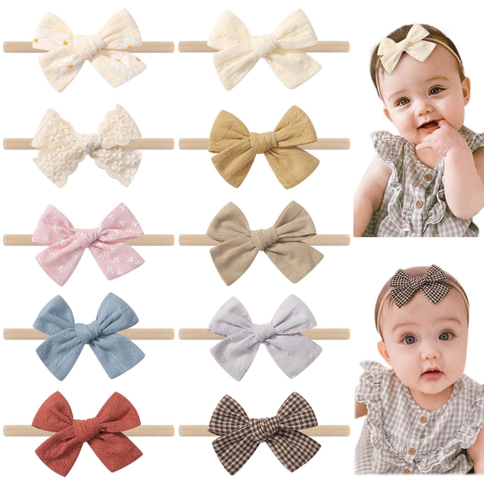 Baby Hair Bands - 10PCS Baby Girls Headbands Hair Bows Nylon Linen Handmade Hair Accessories for Newborn Infant Toddlers Little Girl and Kids