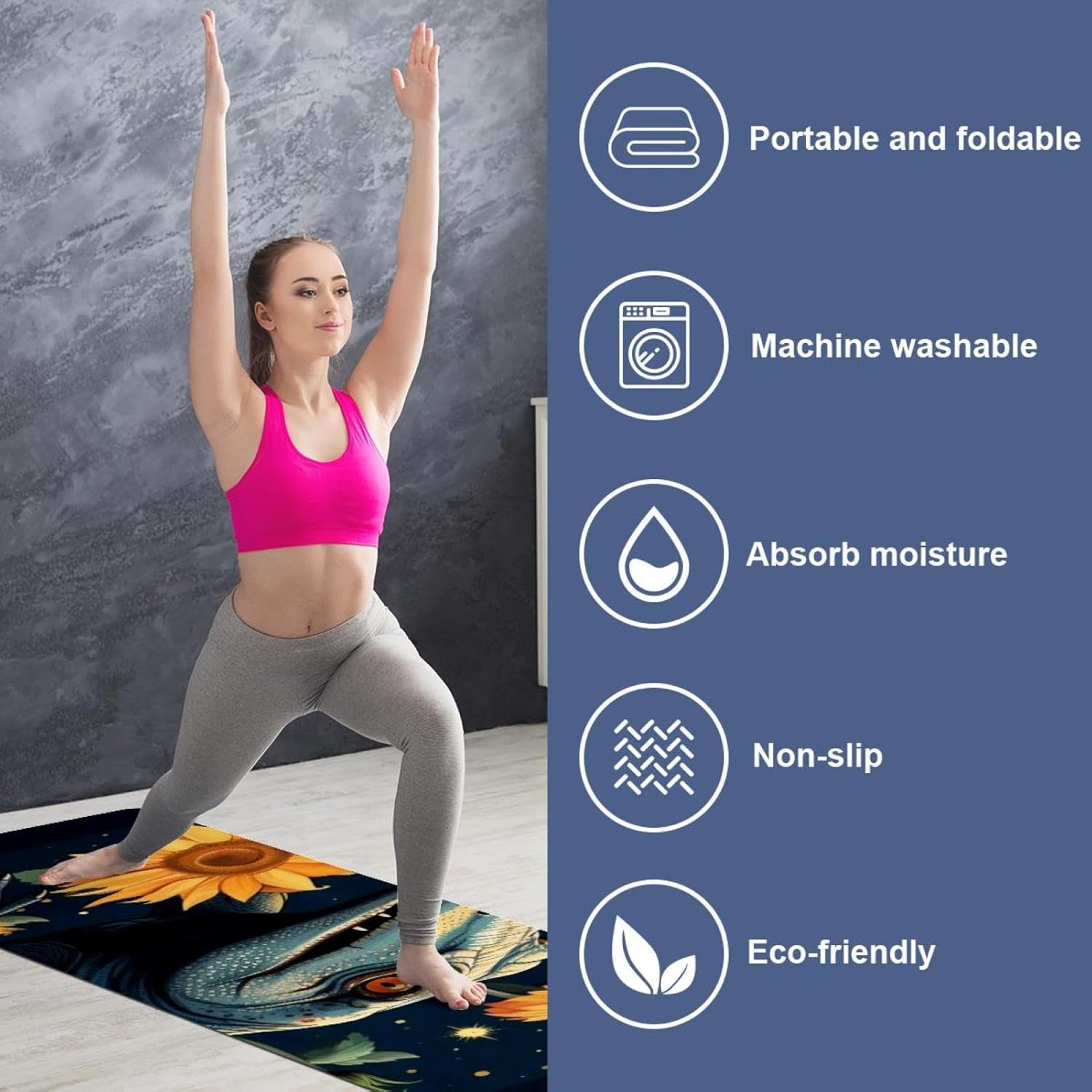 Yoga Towel, Crocodile Star Sunflower Non Slip Sweat Absorbent Hot Yoga Mat Towel for Hot Yoga, Pilates and Fitness - 72.8" x 26.8"