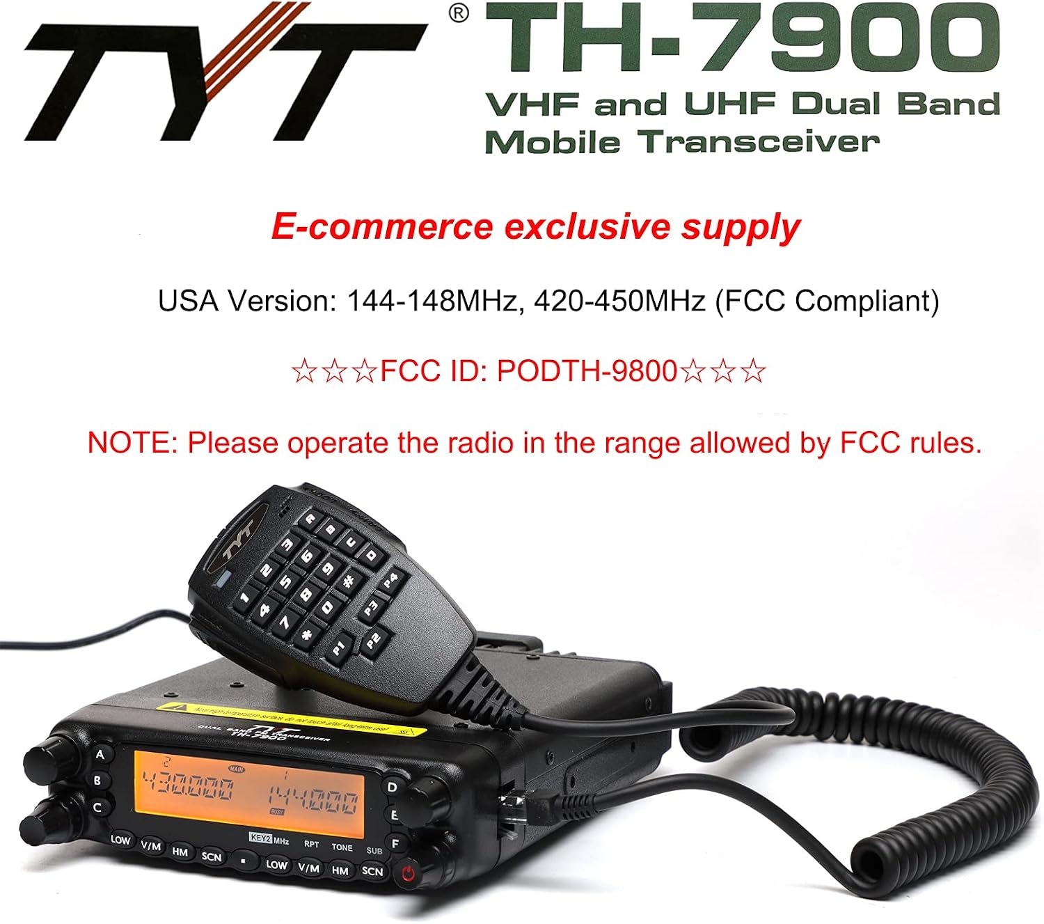 TYT TH-7900 branding with VHF and UHF Dual Band Mobile Transceiver, FCC ID: PODTH-9800.